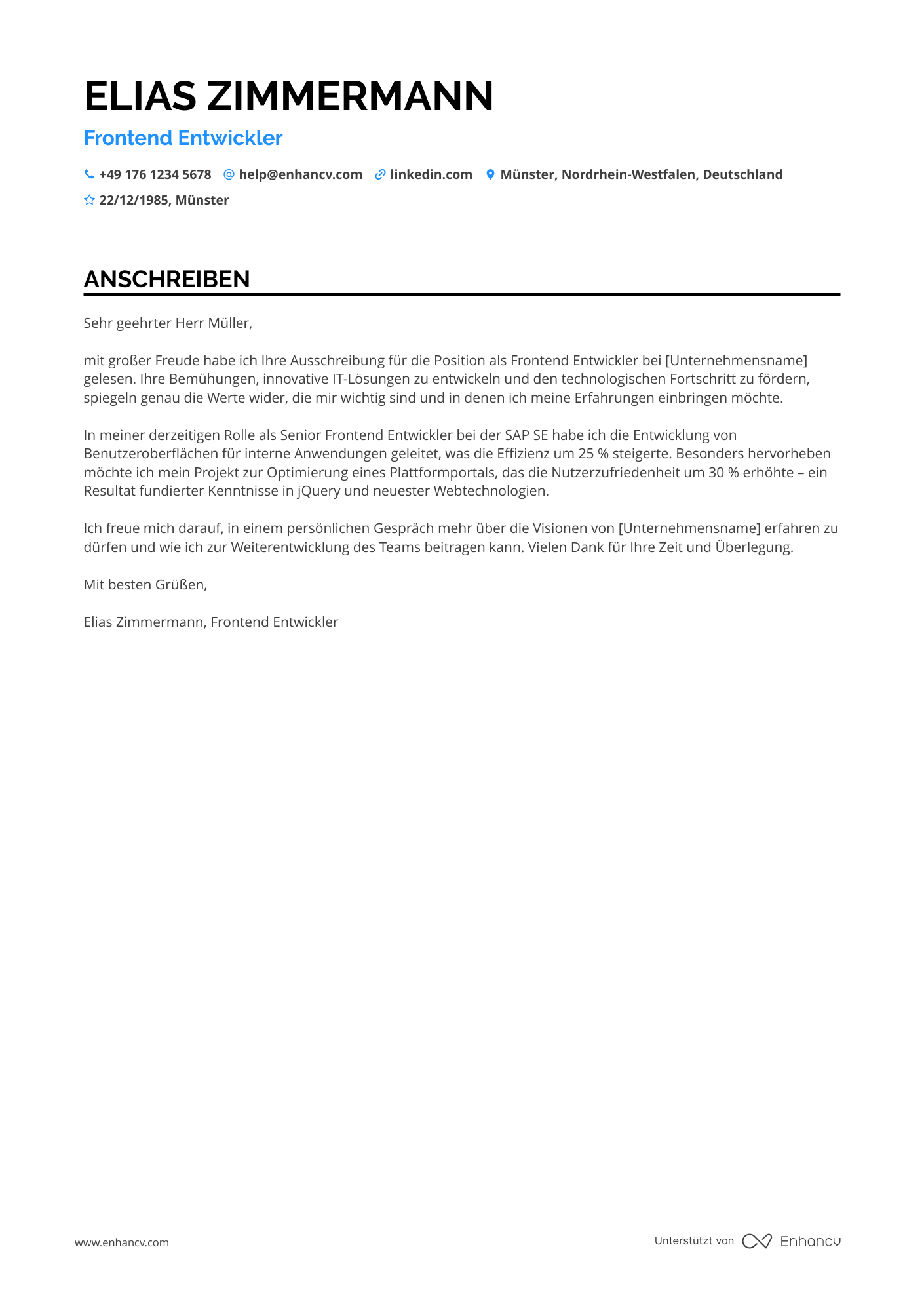 Frontend Entwickler für jQuery Resume Example