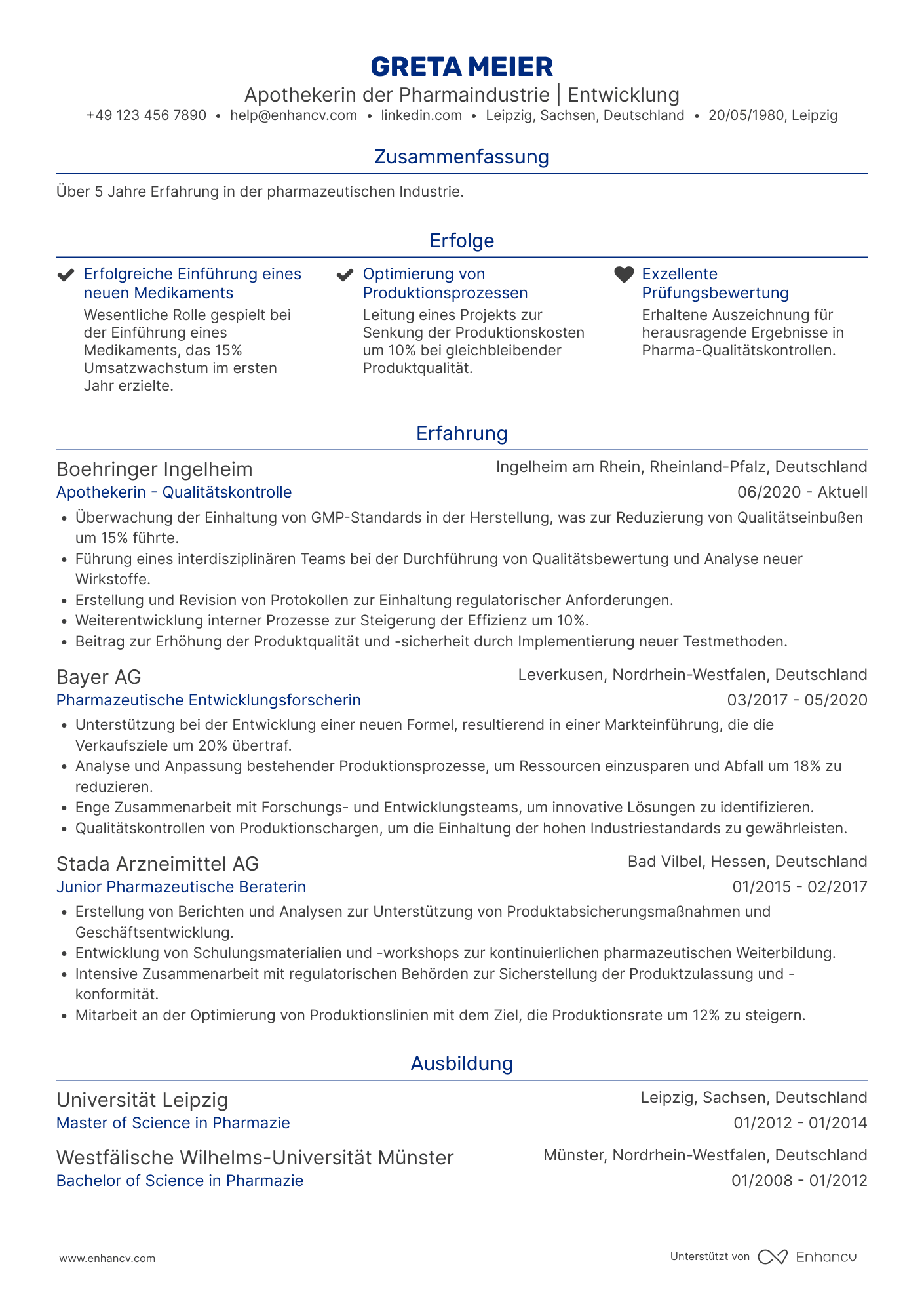Lebenslauf in Apotheker in der pharmazeutischen Industrie Resume Example