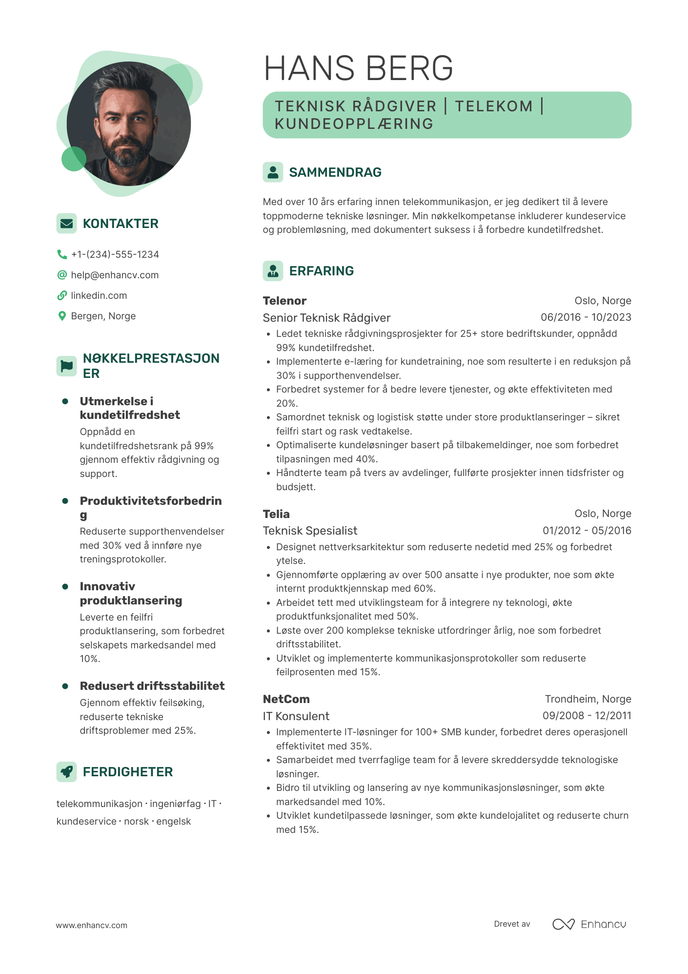 CV for Teknisk rådgiver telekom Resume Example