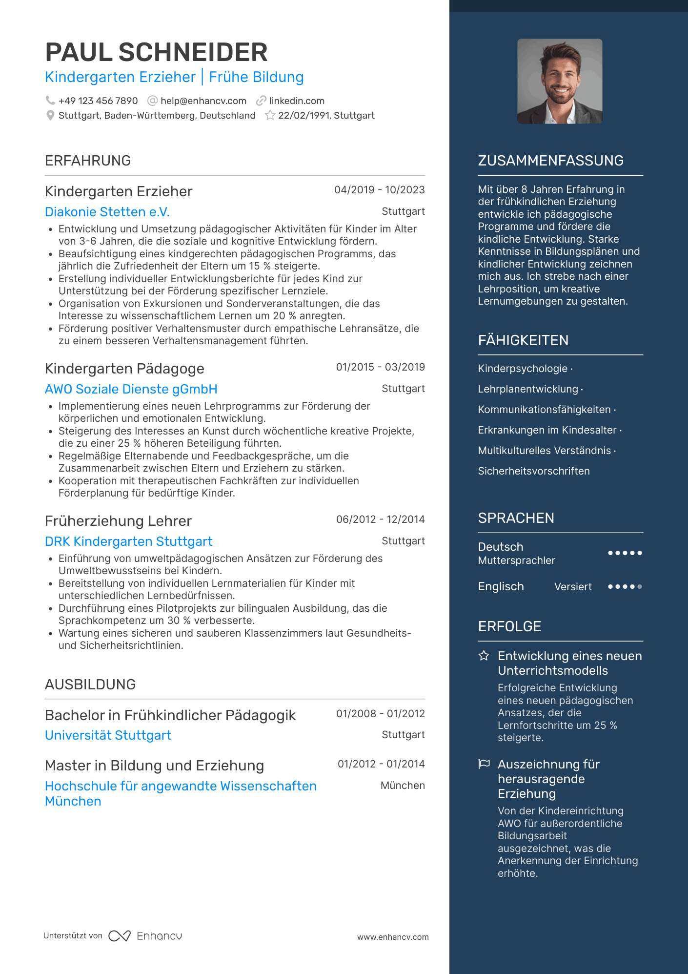 Lebenslauf als Kindergarten Erzieherin Resume Example