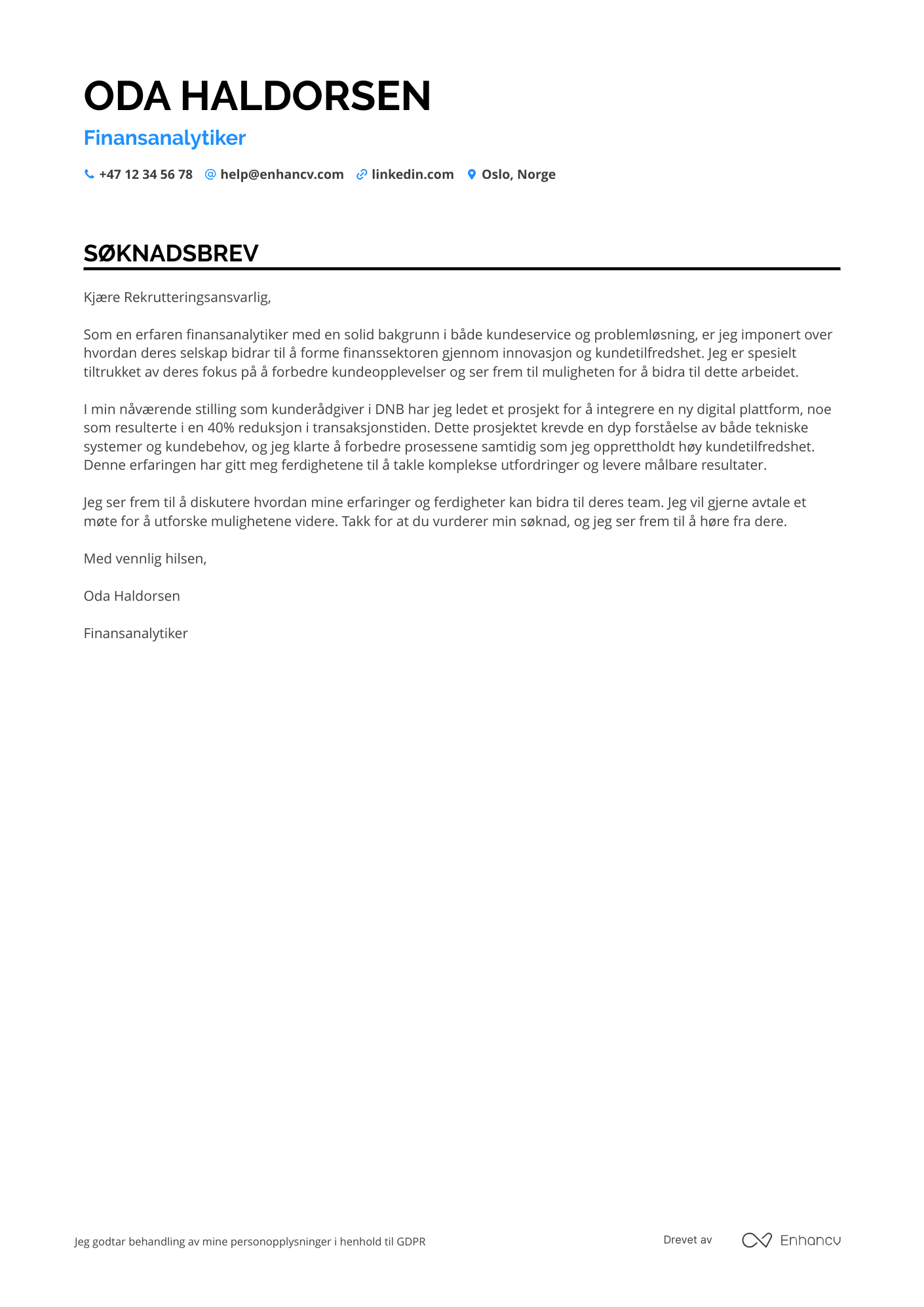 Søknadsbrev for Nyutdannede Bankmedarbeider i finanssektoren Resume Example