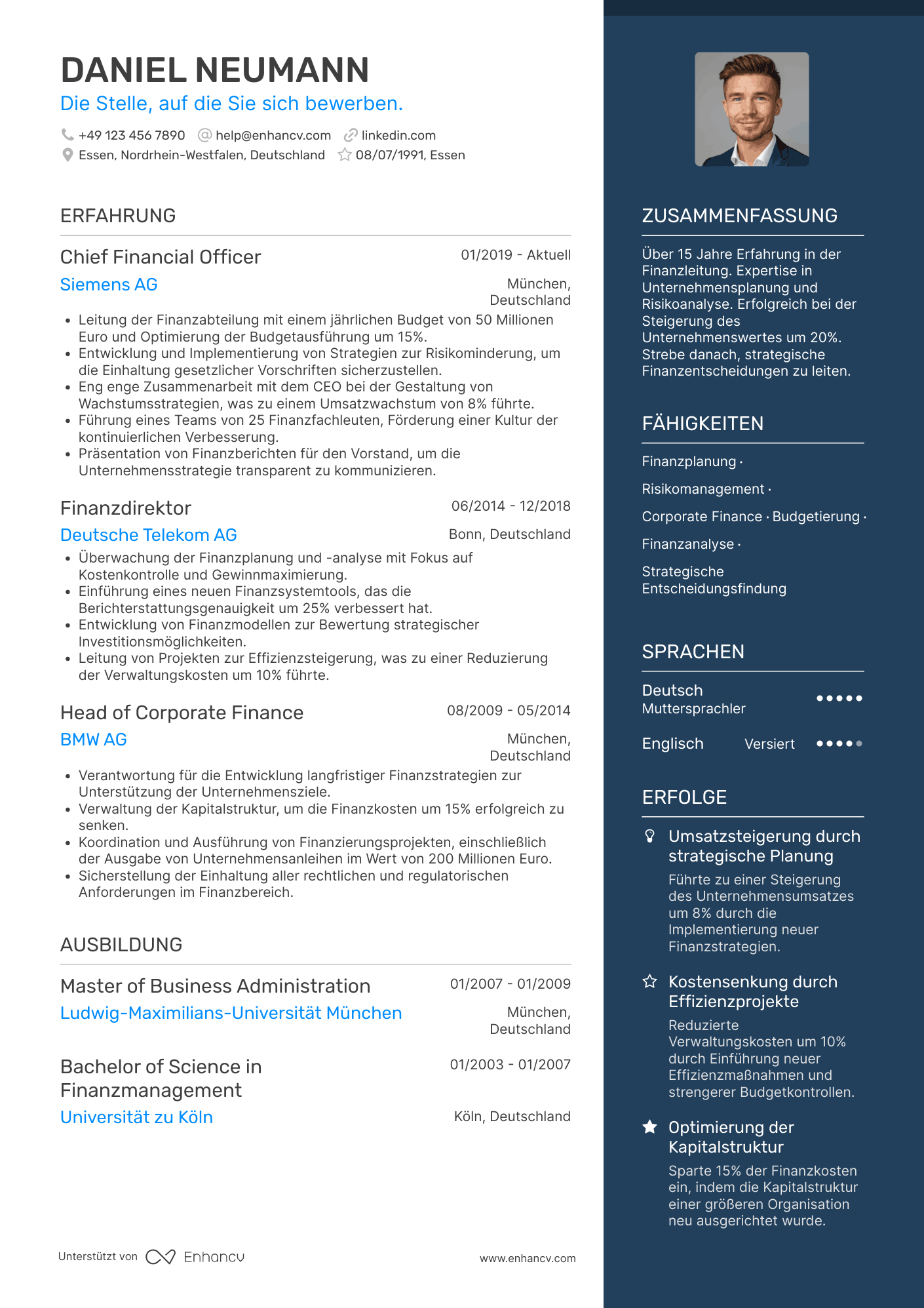 Lebenslauf als Finanzvorstand für Unternehmensplanung Resume Example