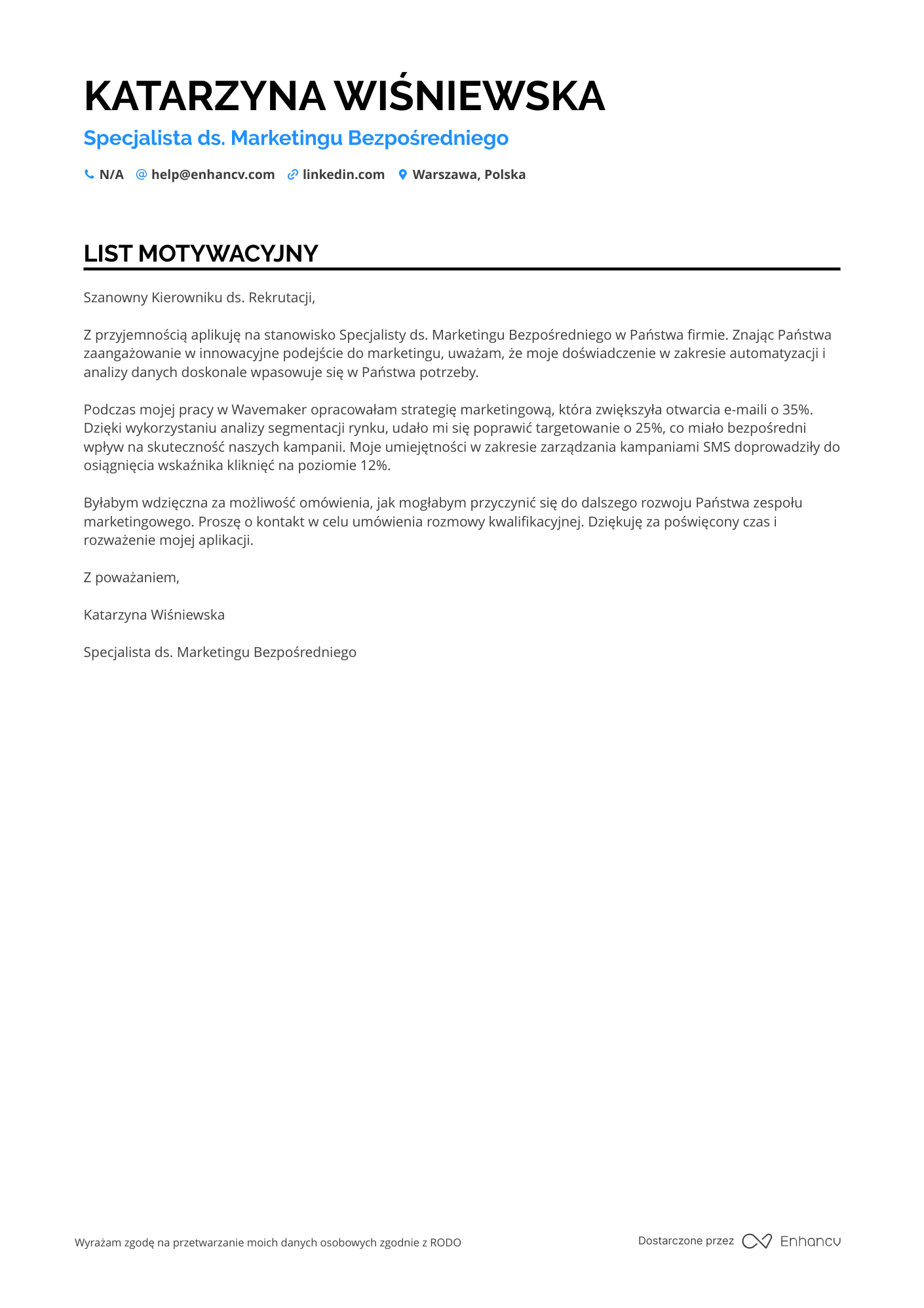 List motywacyjny dla Specjalista ds. Marketingu Bezpośredniego Resume Example