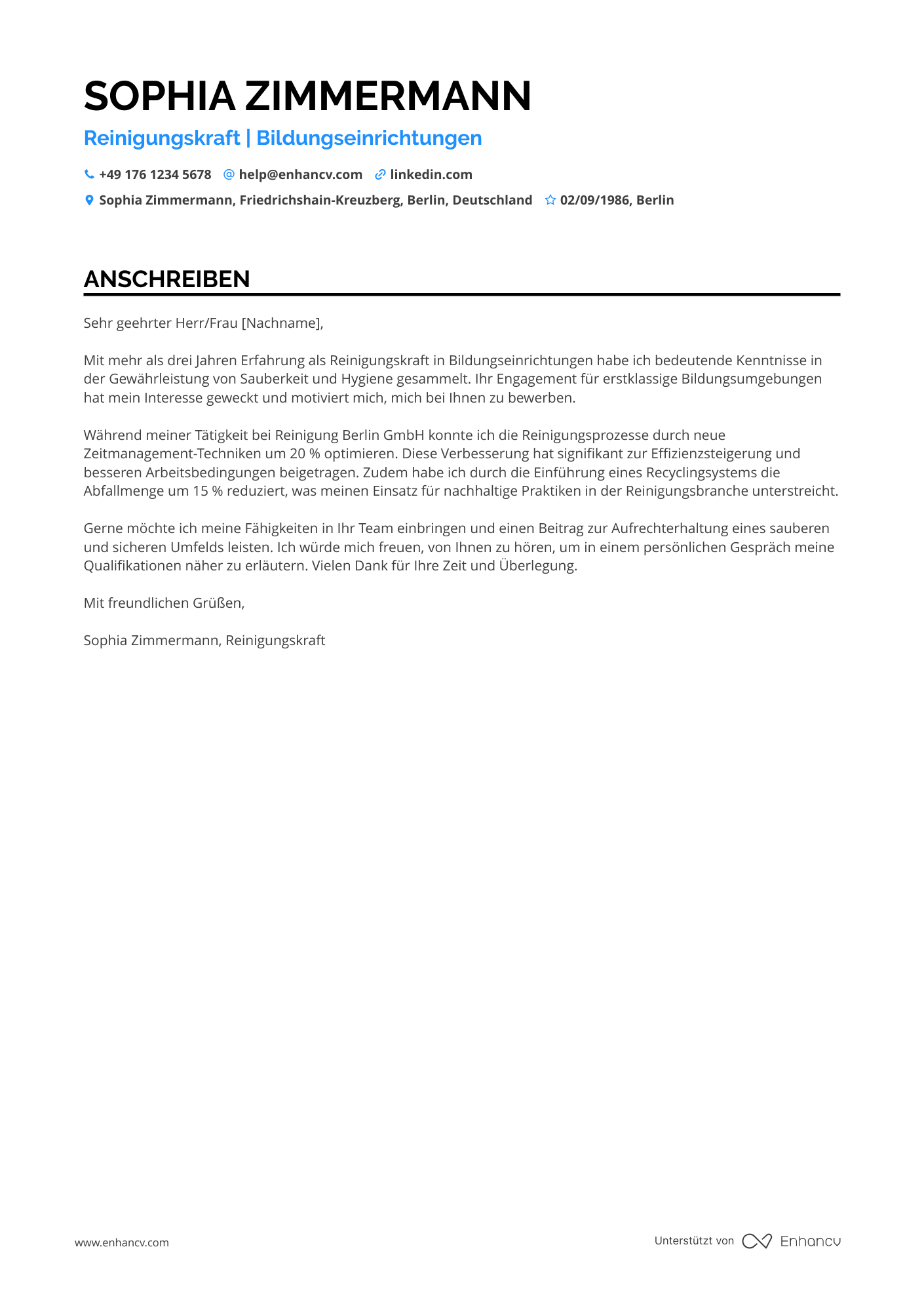 Reinigungskraft für Schulen Resume Example