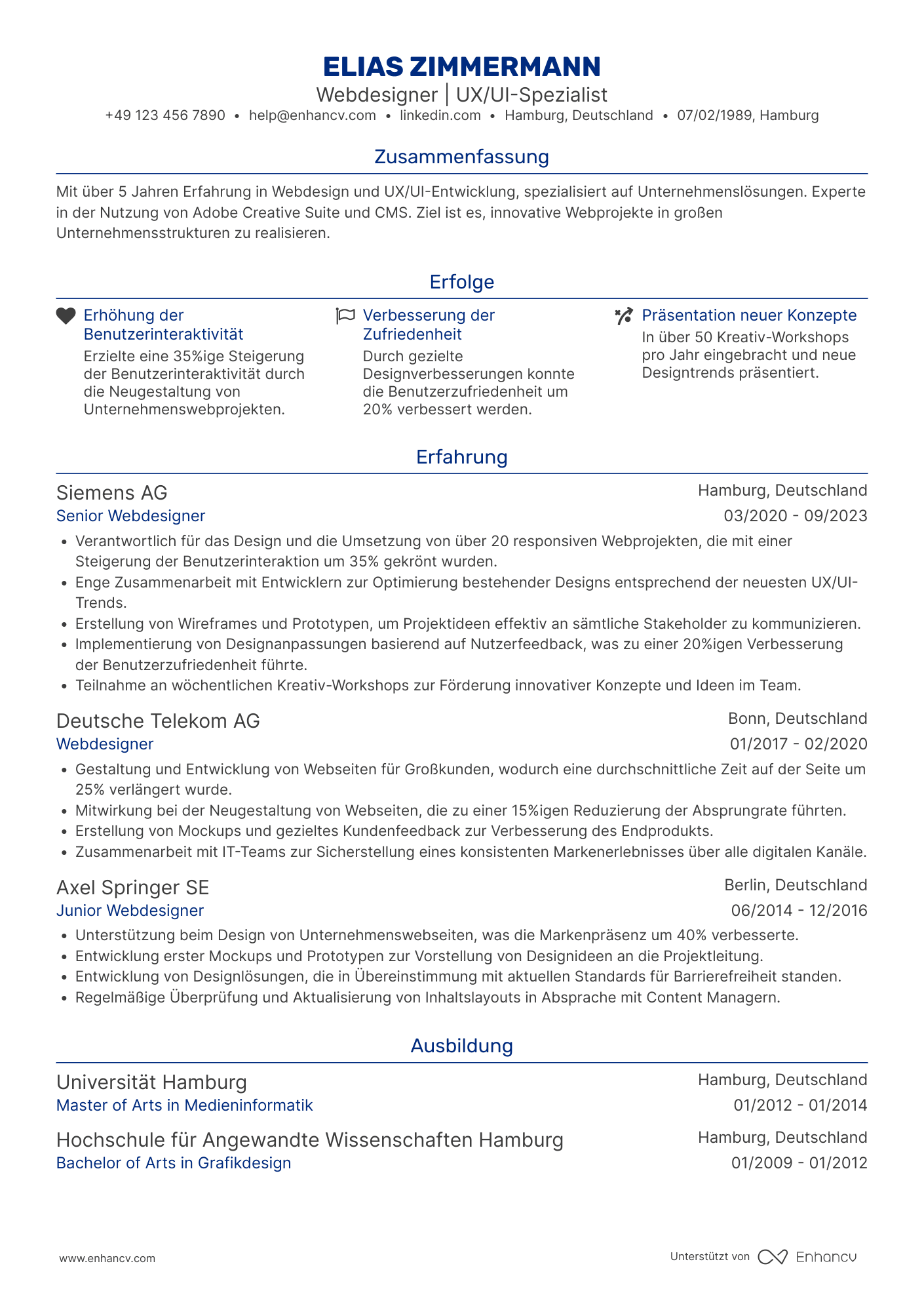 Lebenslauf als Webdesigner für Großunternehmen Resume Example