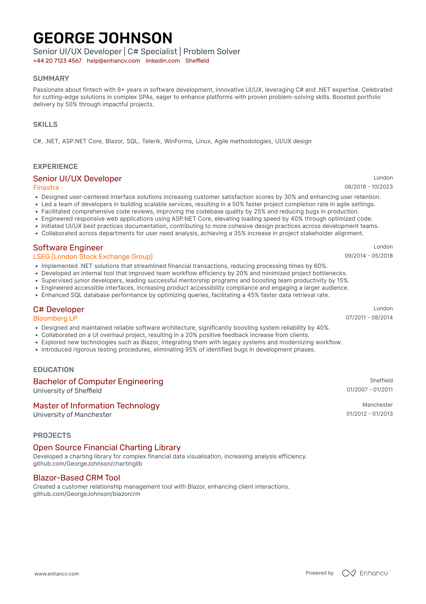 .Net Developer in Financial Services Resume Example