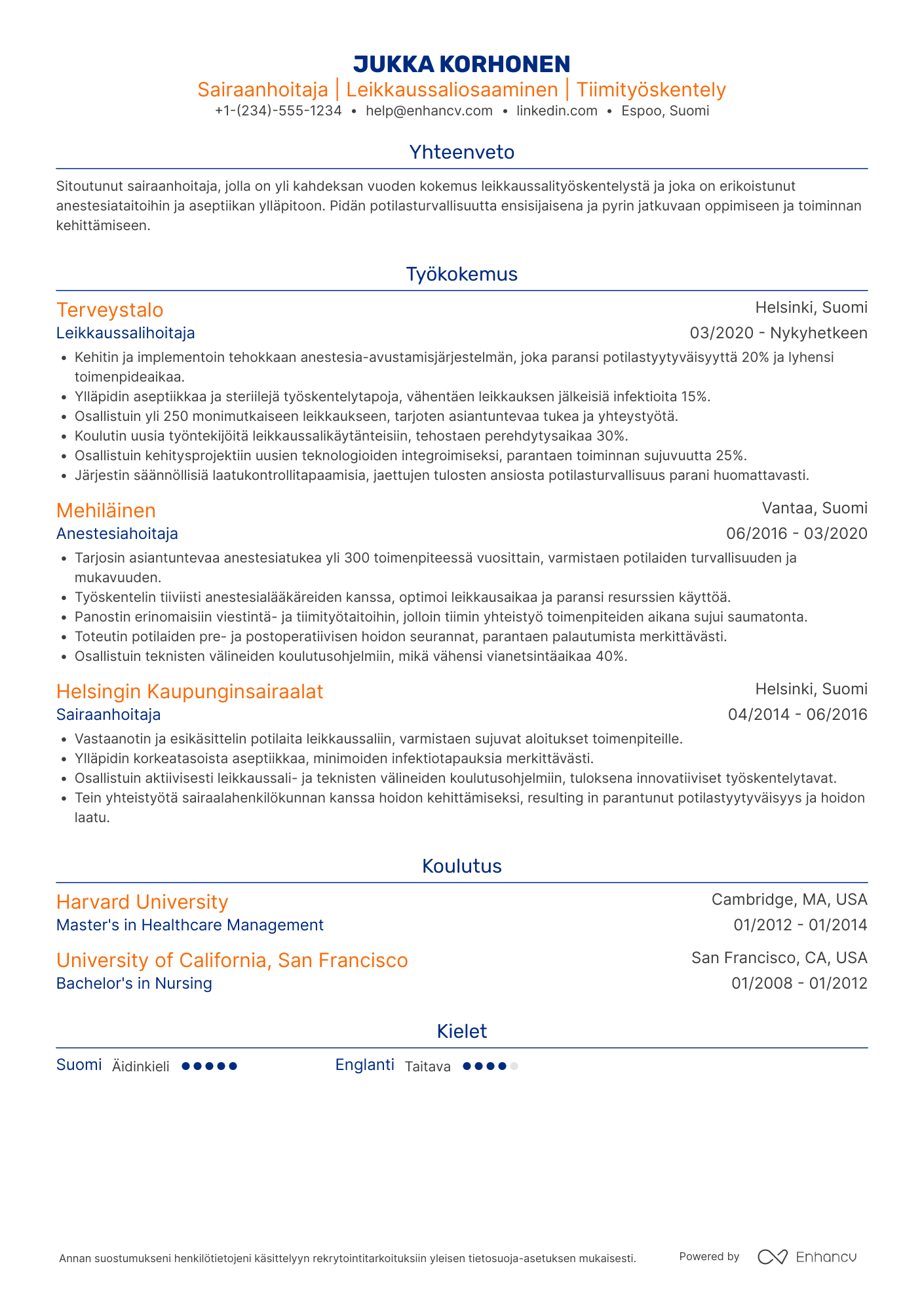 Ansioluettelo Sairaanhoitaja Leikkaussali Resume Example