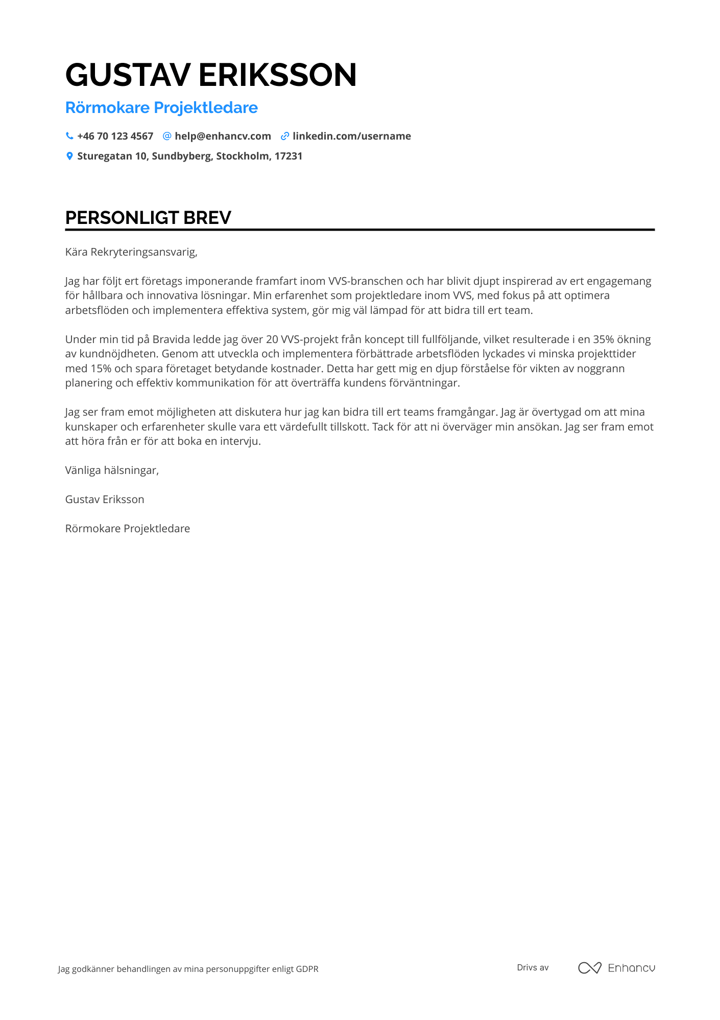 Personligt brev för Rörmokare Projektledare Resume Example