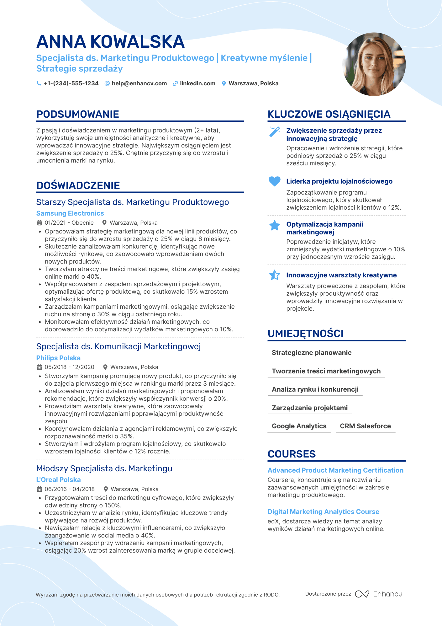 CV dla Specjalista ds. Marketingu Produktowego Resume Example