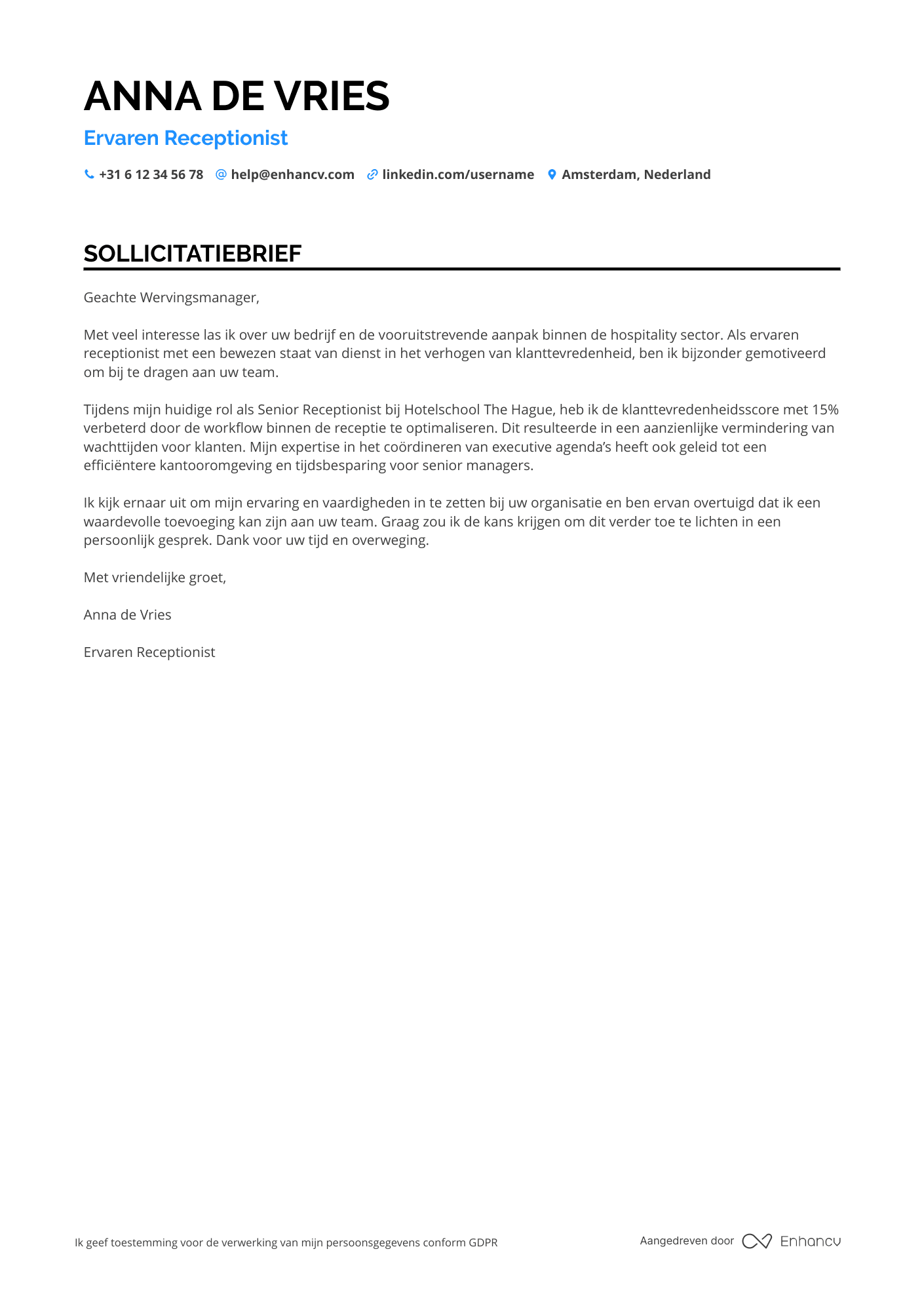 Sollicitatiebrief voor Senior Receptionist Resume Example