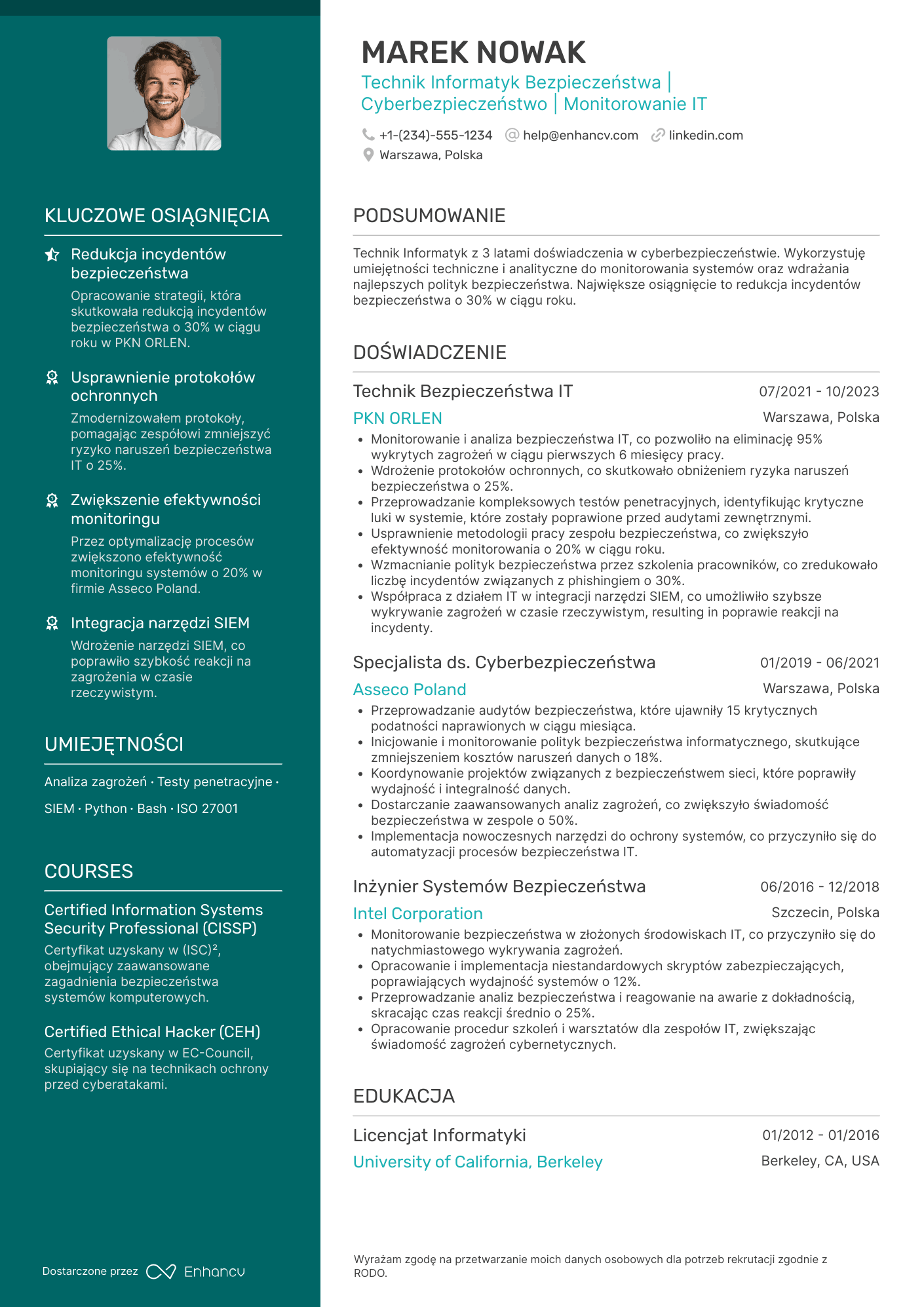 CV dla Technik Informatyk Bezpieczeństwa Resume Example