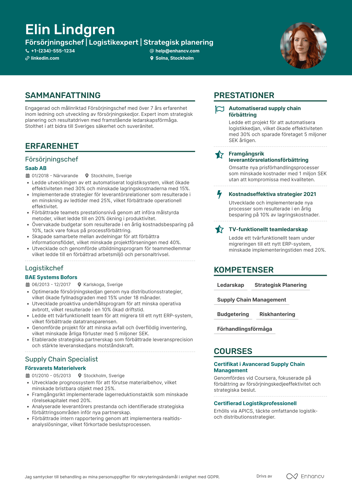 CV för Försvaret Försörjningschef Resume Example