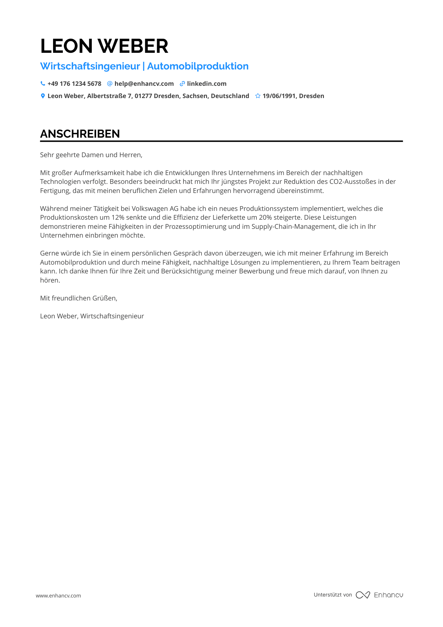 Wirtschaftsingenieur in der Automobilindustrie Resume Example