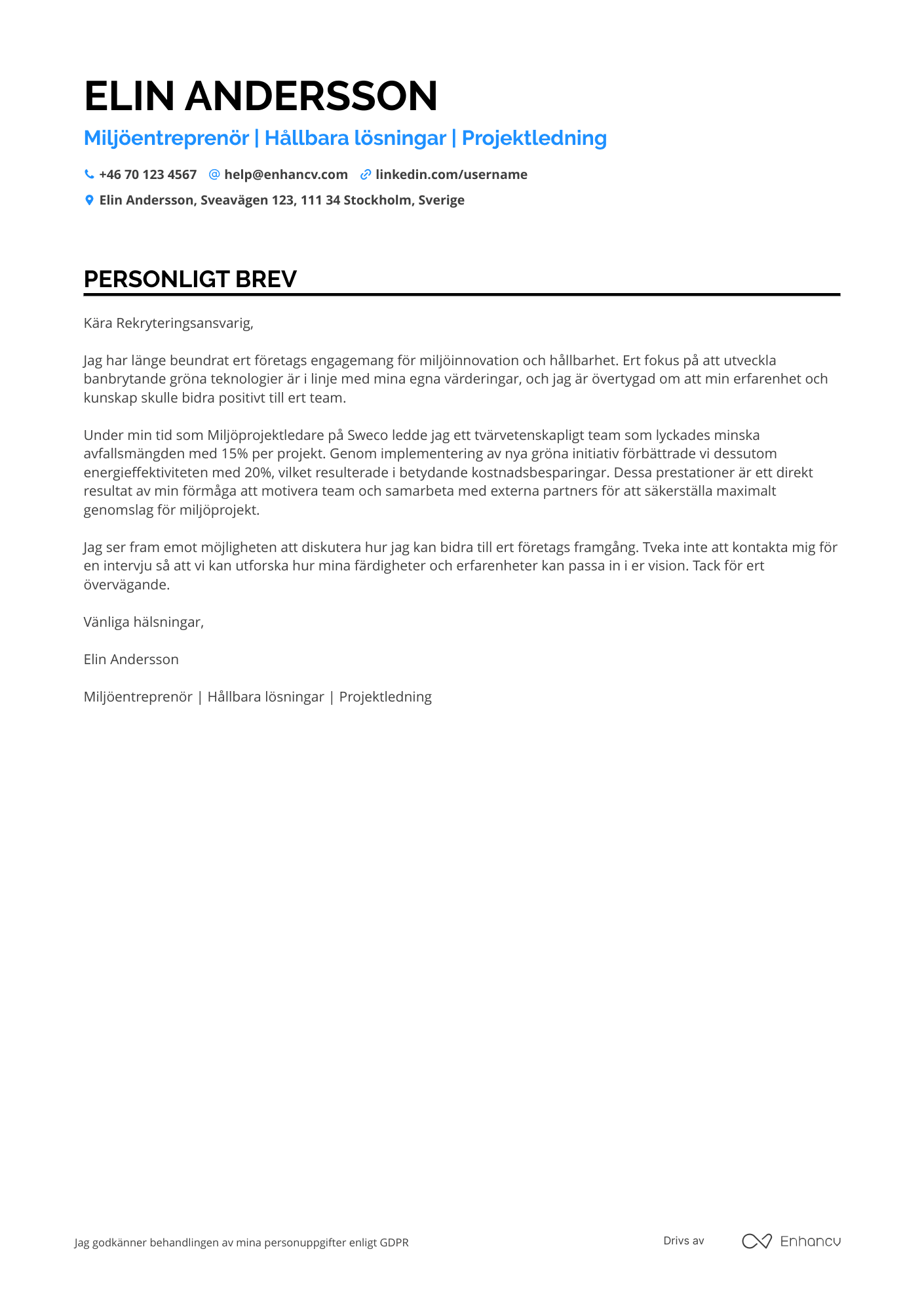 Personligt brev för Miljöentreprenör Resume Example