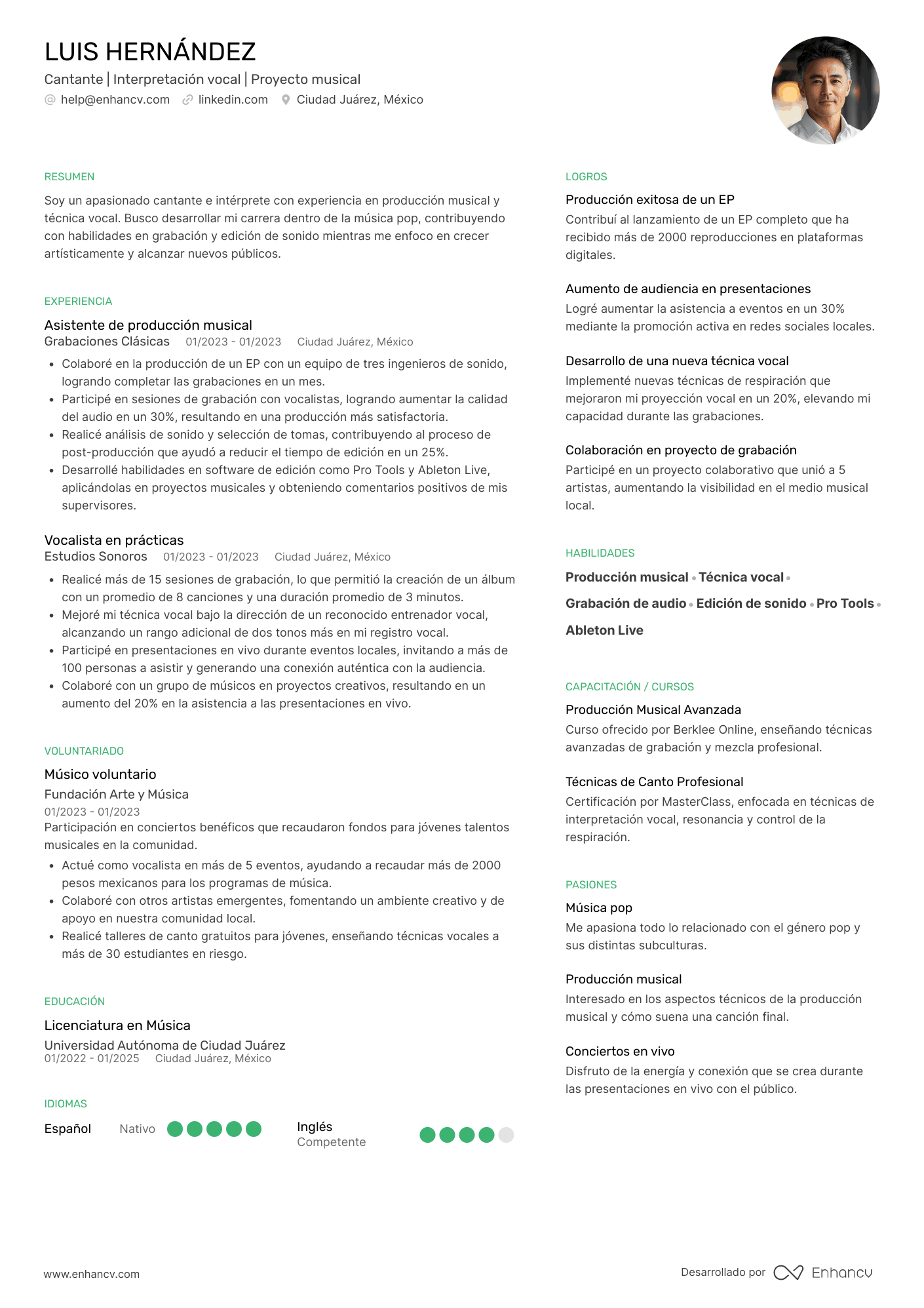 Artístico de cantante Resume Example