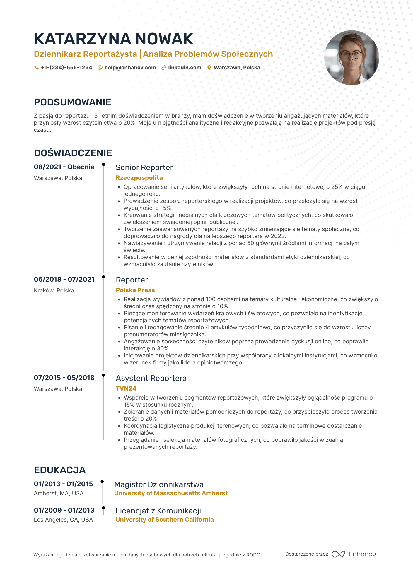 CV dla Dziennikarz Reportażysta Resume Example