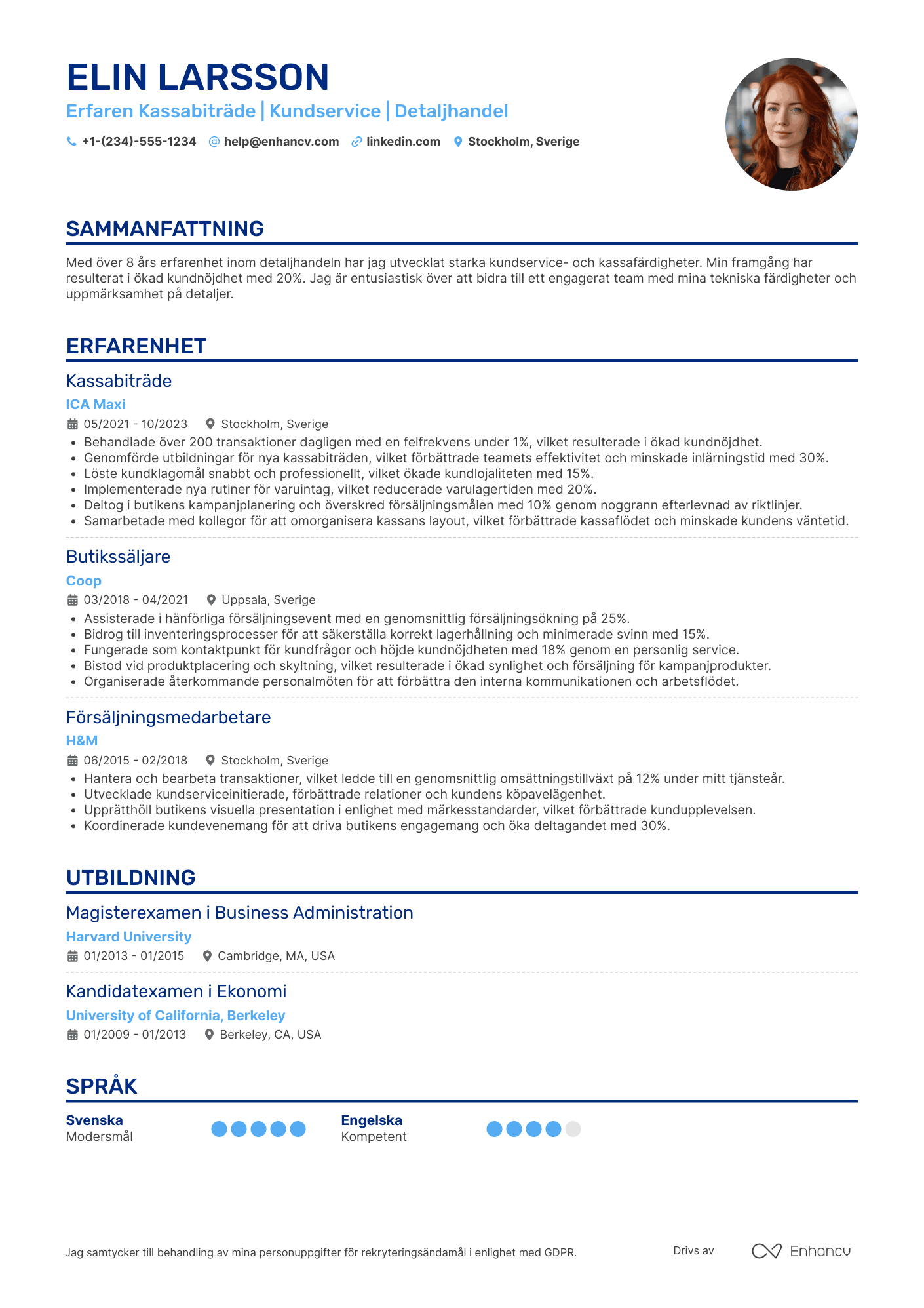 CV för Erfaren Kassabiträde Resume Example