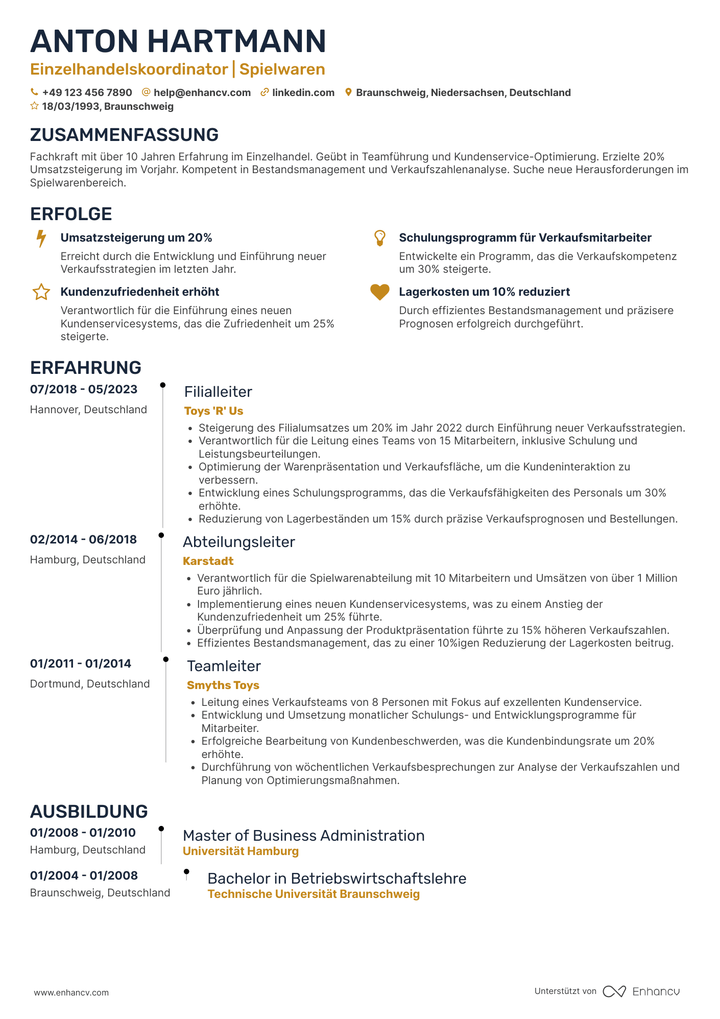 Lebenslauf in Einzelhandelskoordinator für Spielwaren Resume Example