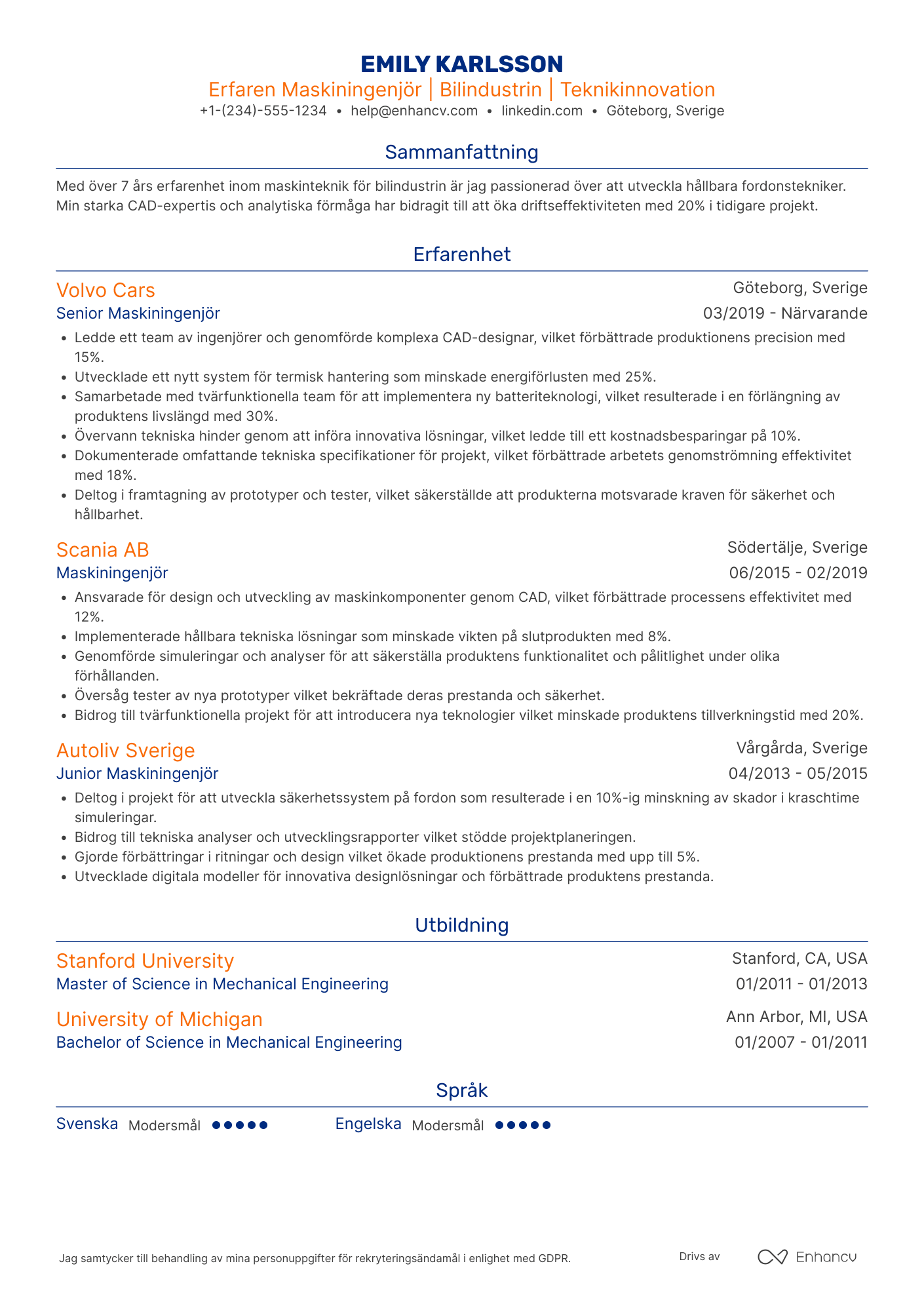 CV för Bilindustrin Maskiningenjör Resume Example
