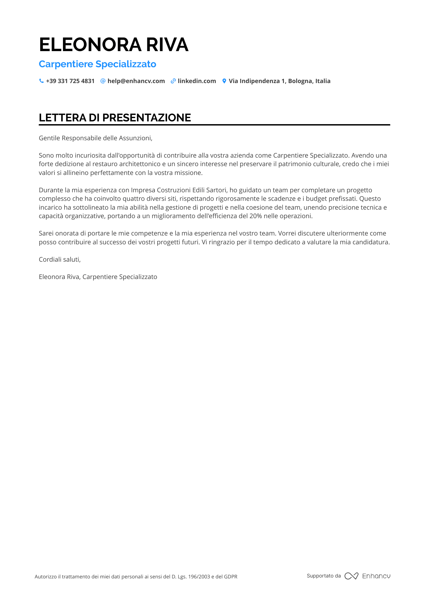 Operaio Edile Specializzato in Restauro Resume Example