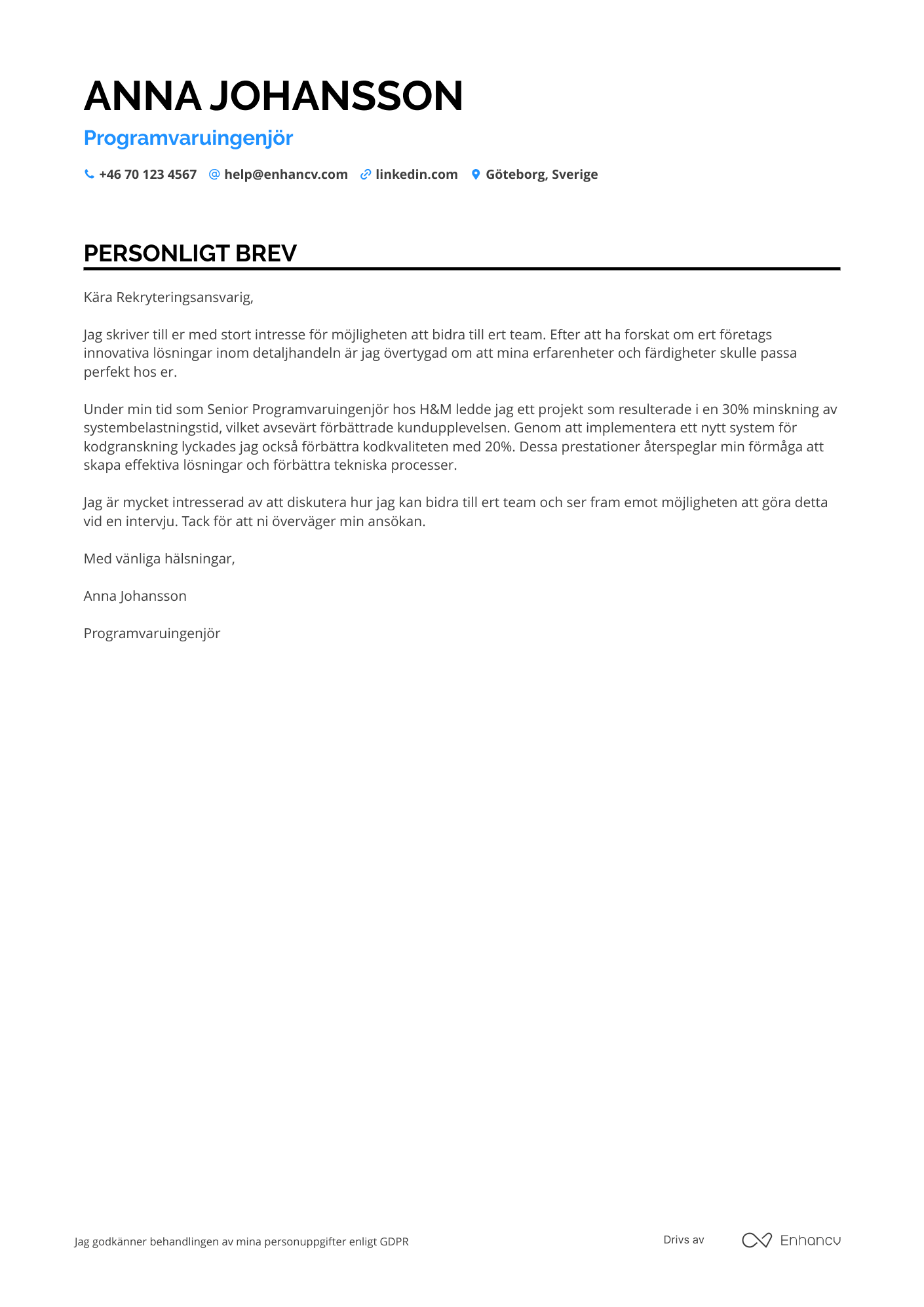 Personligt brev för Programvaruingenjör inom retail Resume Example