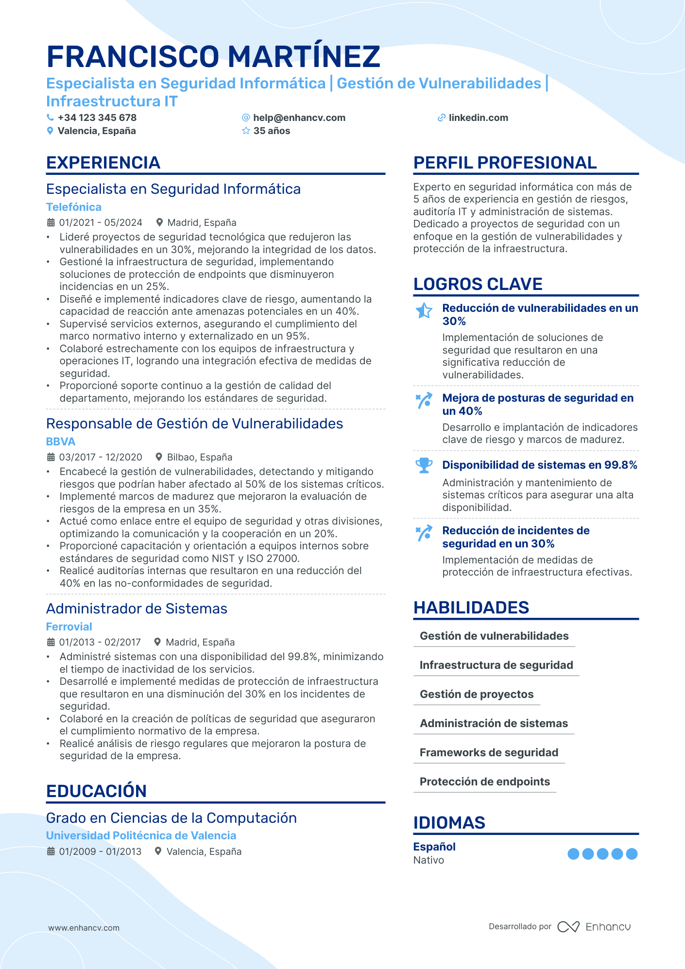 Especialista en Informática Resume Example