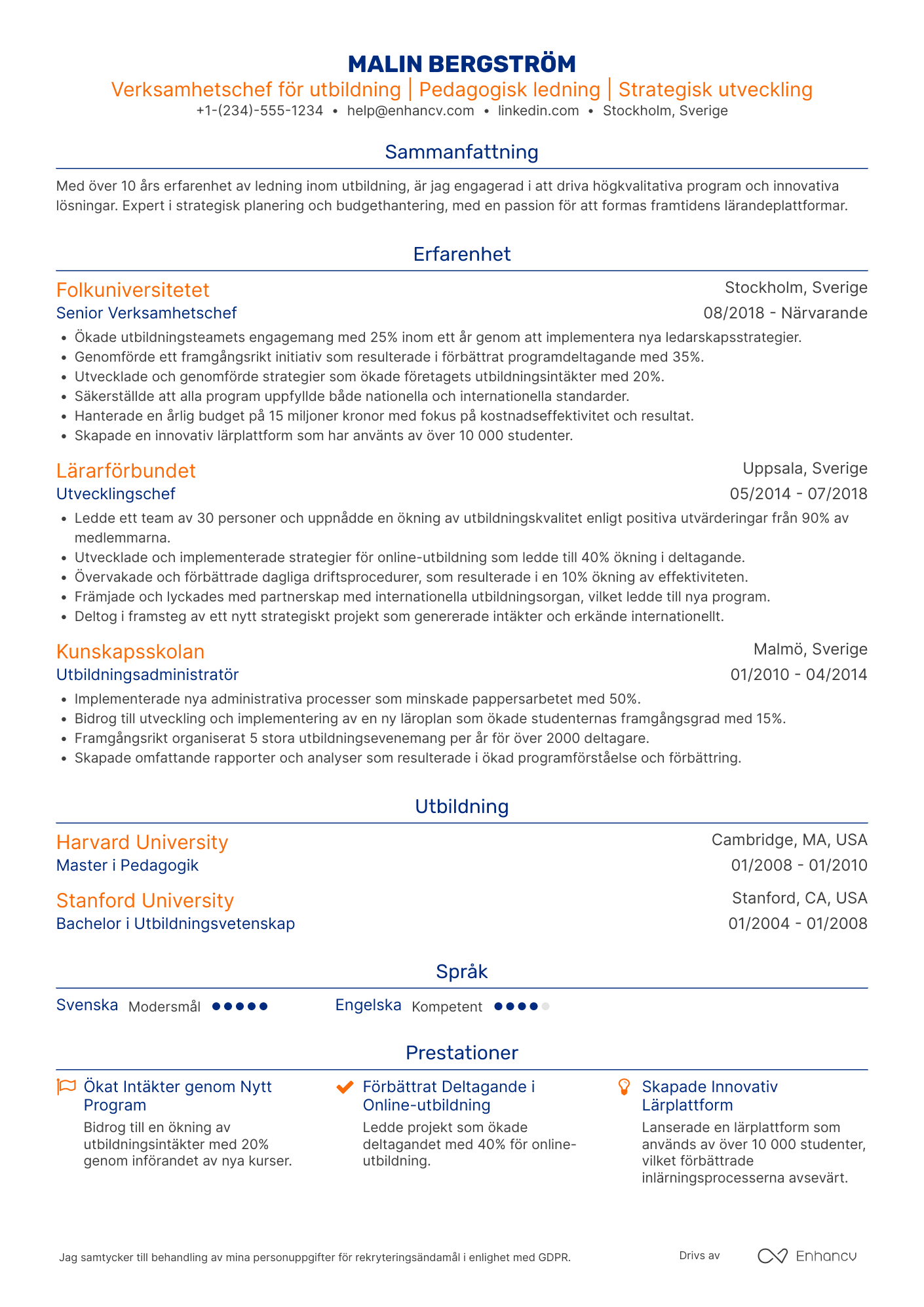 CV för Verksamhetschef för utbildning Resume Example