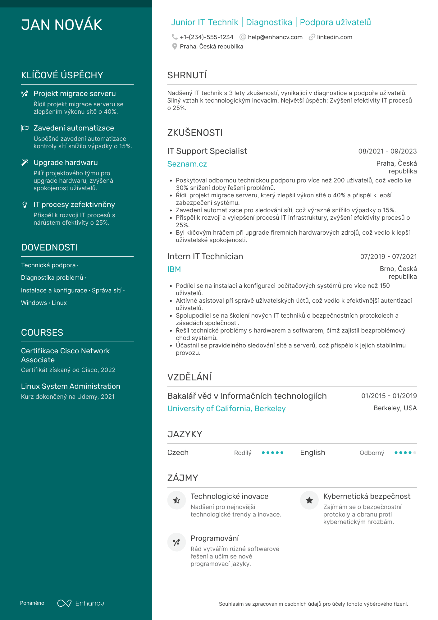 Životopis pro Junior IT Technik Resume Example