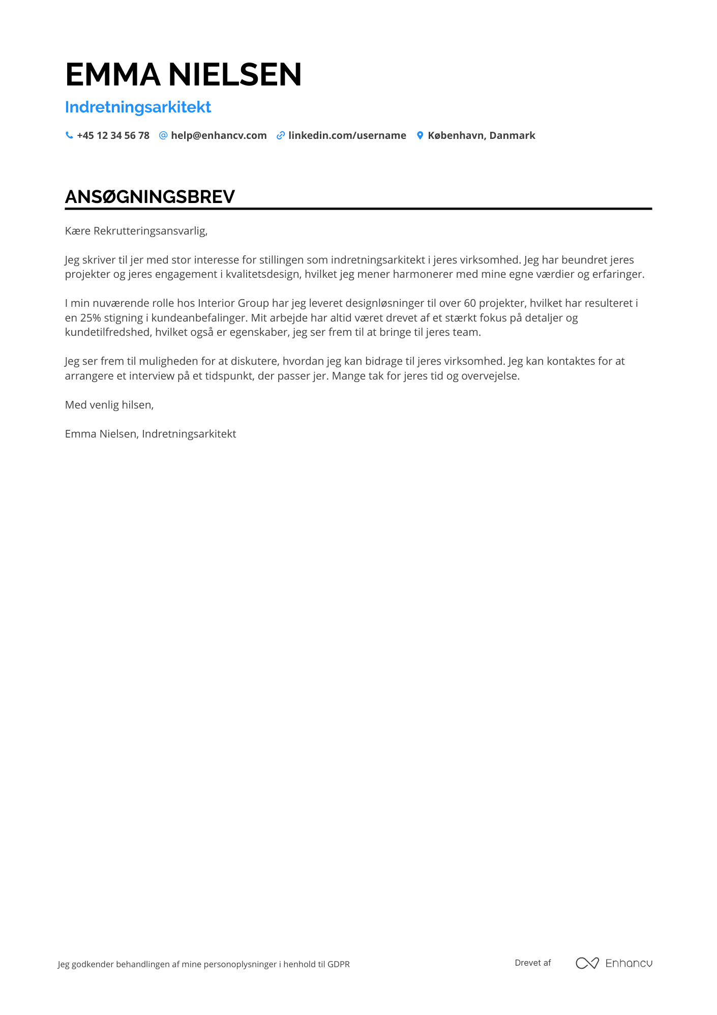Ansøgningsbrev til Indretningsarkitekt Resume Example