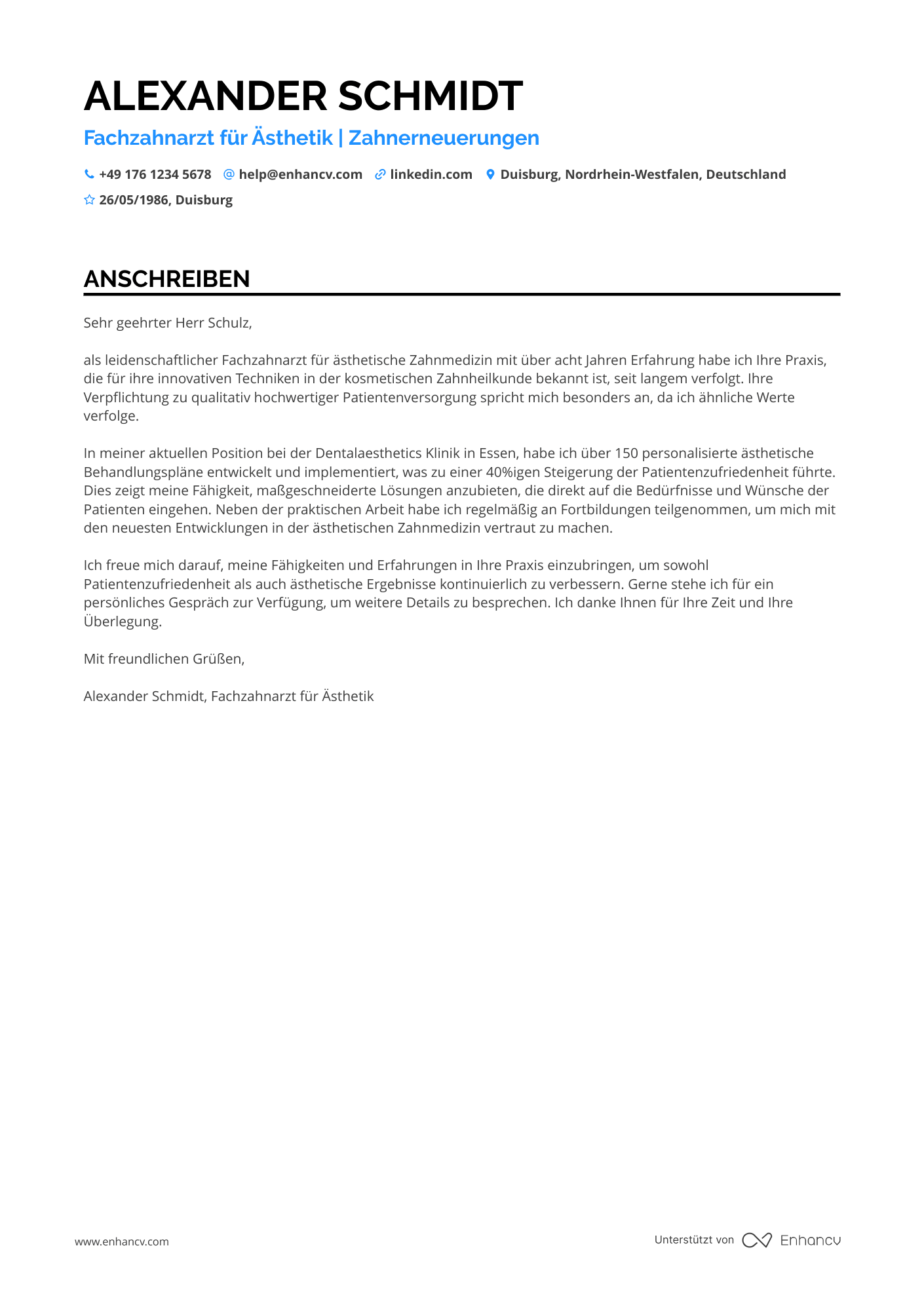 Zahnarzt für ästhetische Zahnmedizin Resume Example