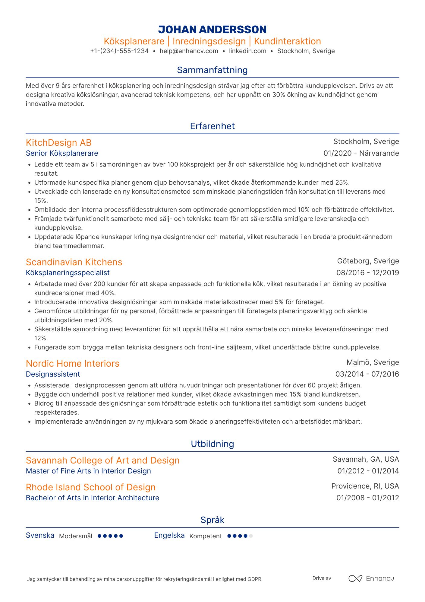 CV för IKEA Medarbetare Köksplanerare Resume Example