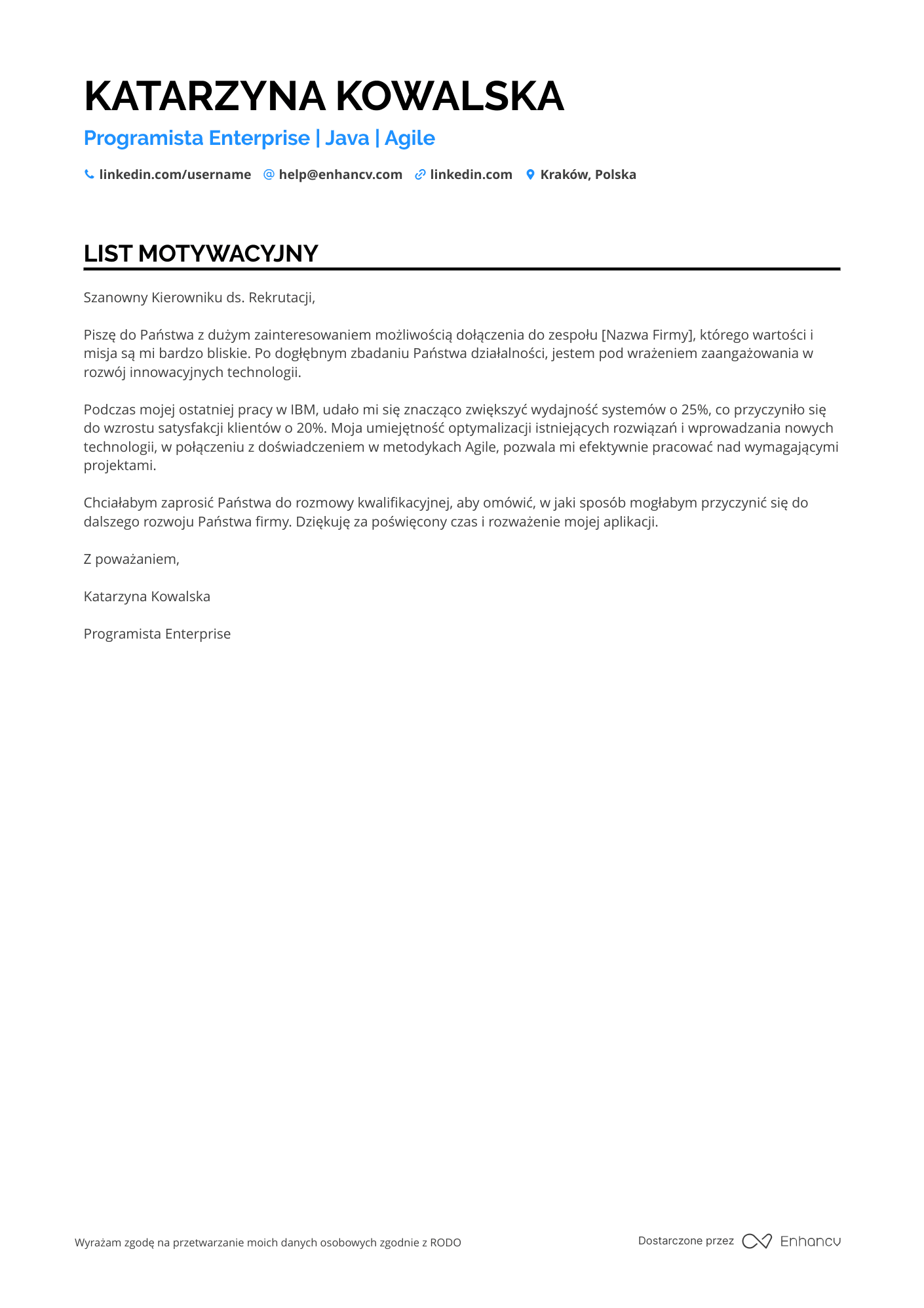 List motywacyjny dla Programista Enterprise Resume Example