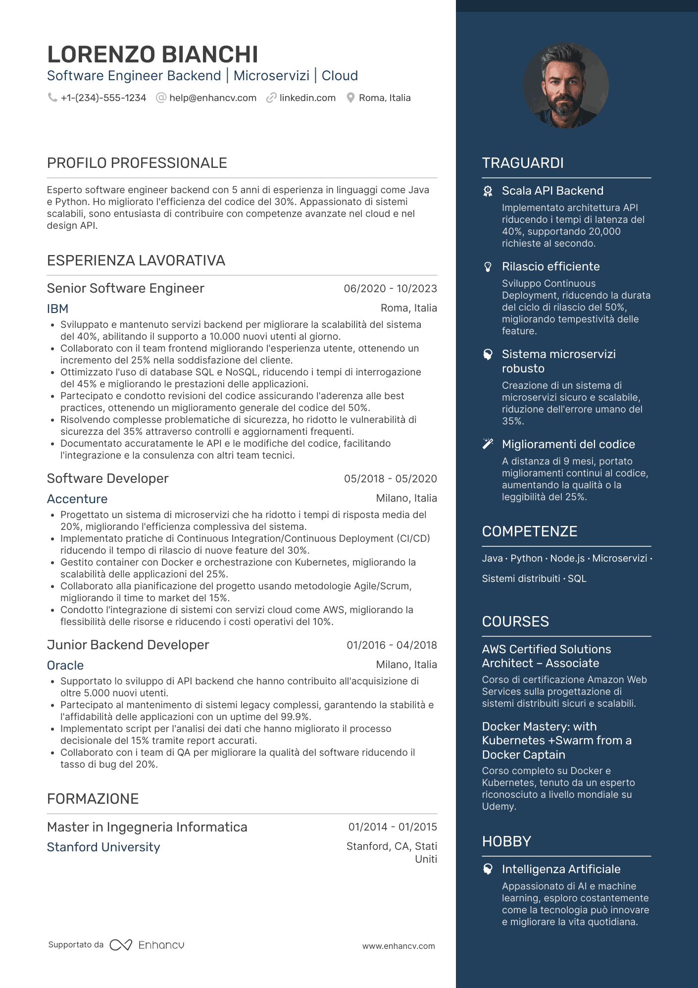 Esempio di CV software engineer backend Resume Example