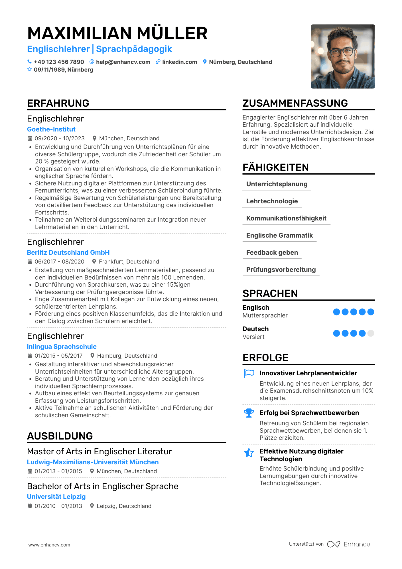 Lebenslauf als Englischlehrer Resume Example