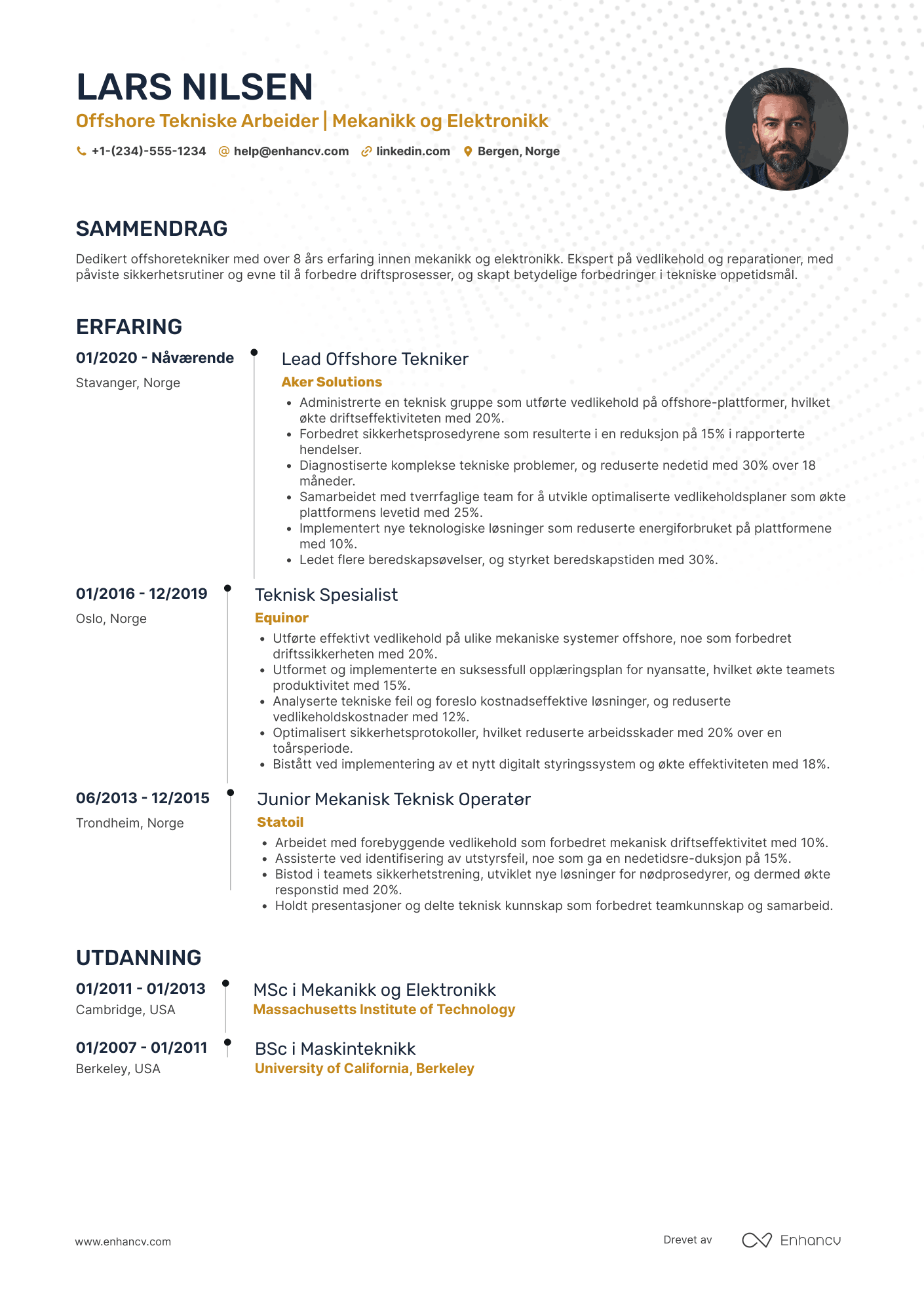 CV for Offshorearbeider – tekniker Resume Example