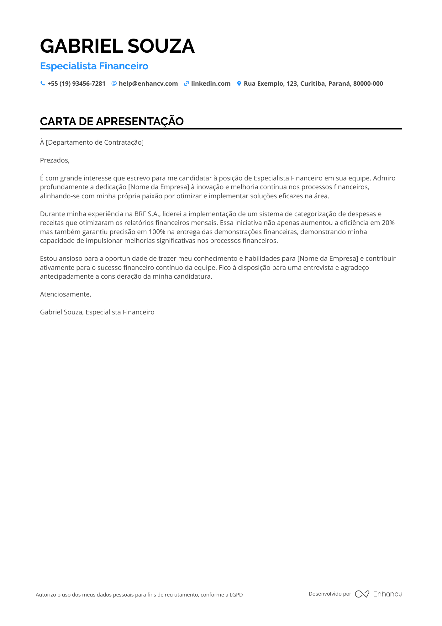Analista Financeiro de Contabilidade Resume Example
