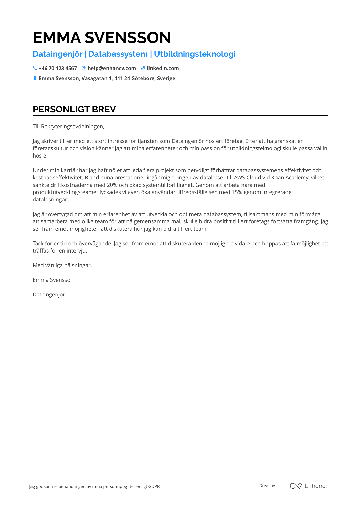 Personligt brev för Dataingenjör inom utbildning Resume Example