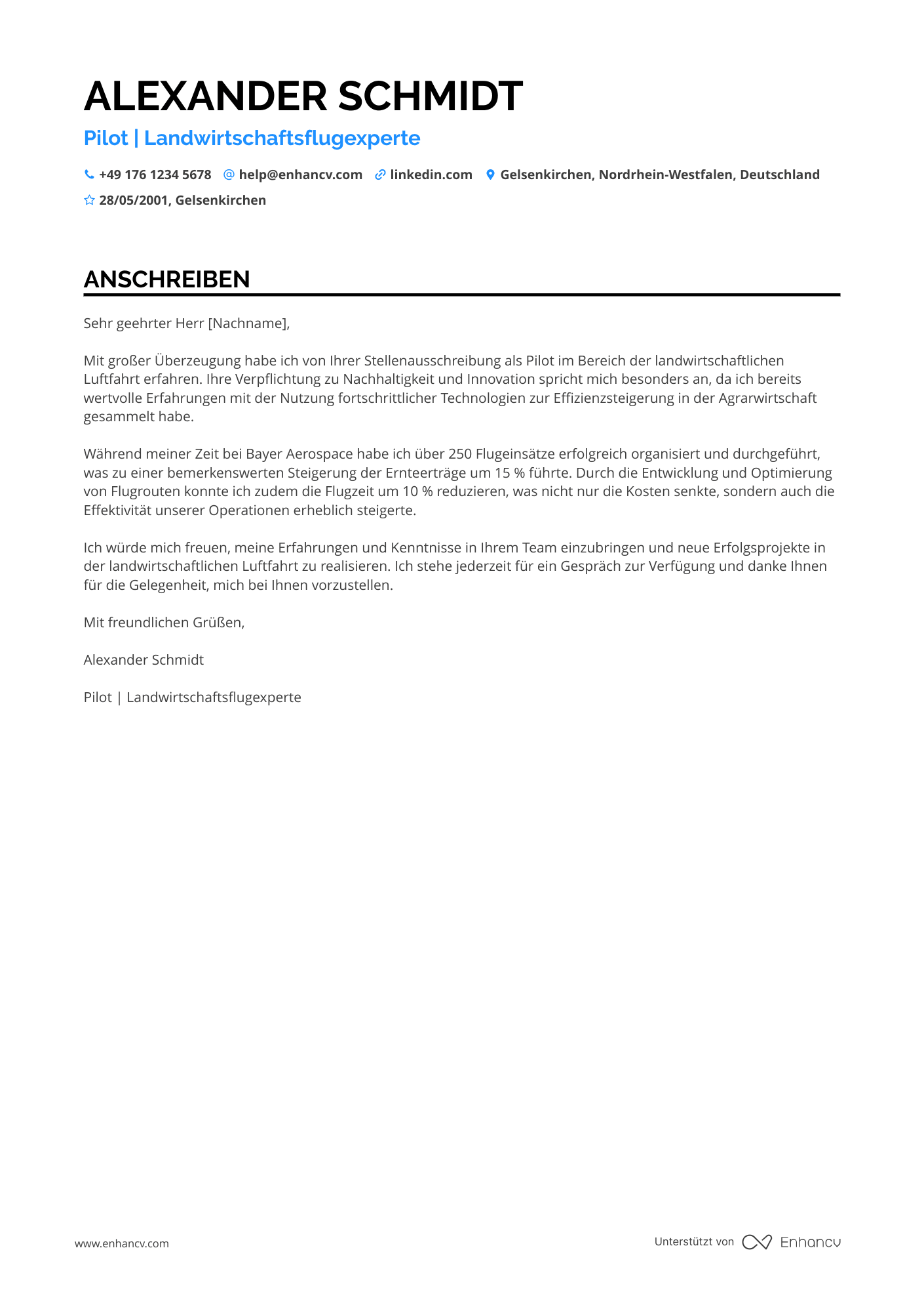 Pilot für Landwirtschaftsindustrie Resume Example