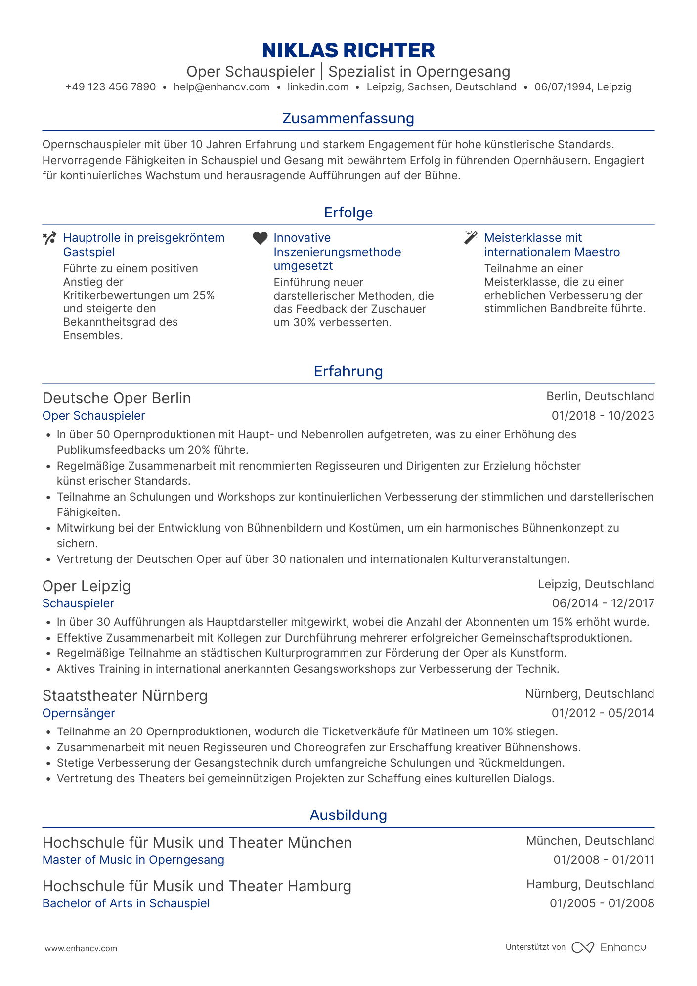 Lebenslauf als Oper Schauspieler Resume Example