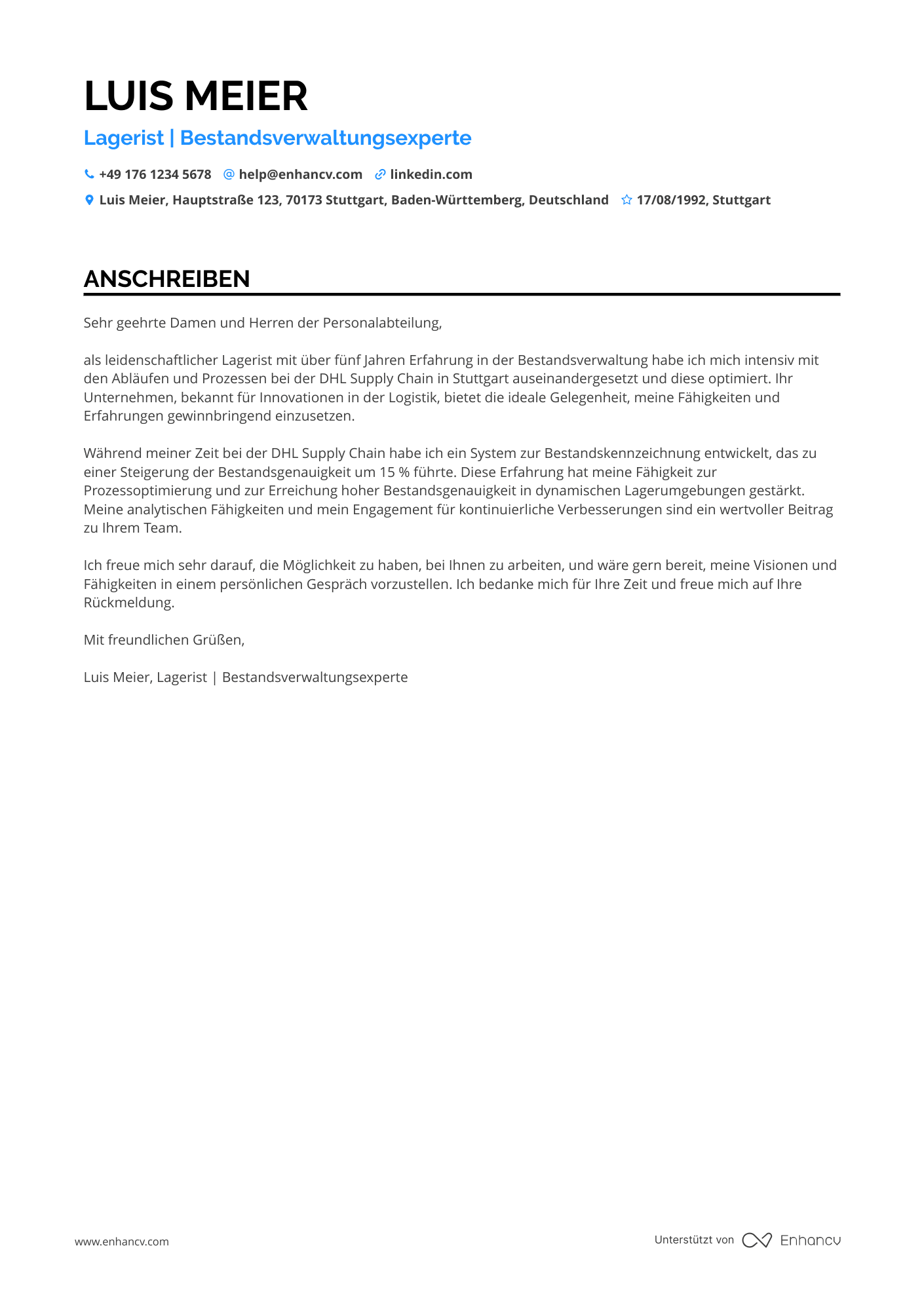 Lagerist für Inventur Resume Example