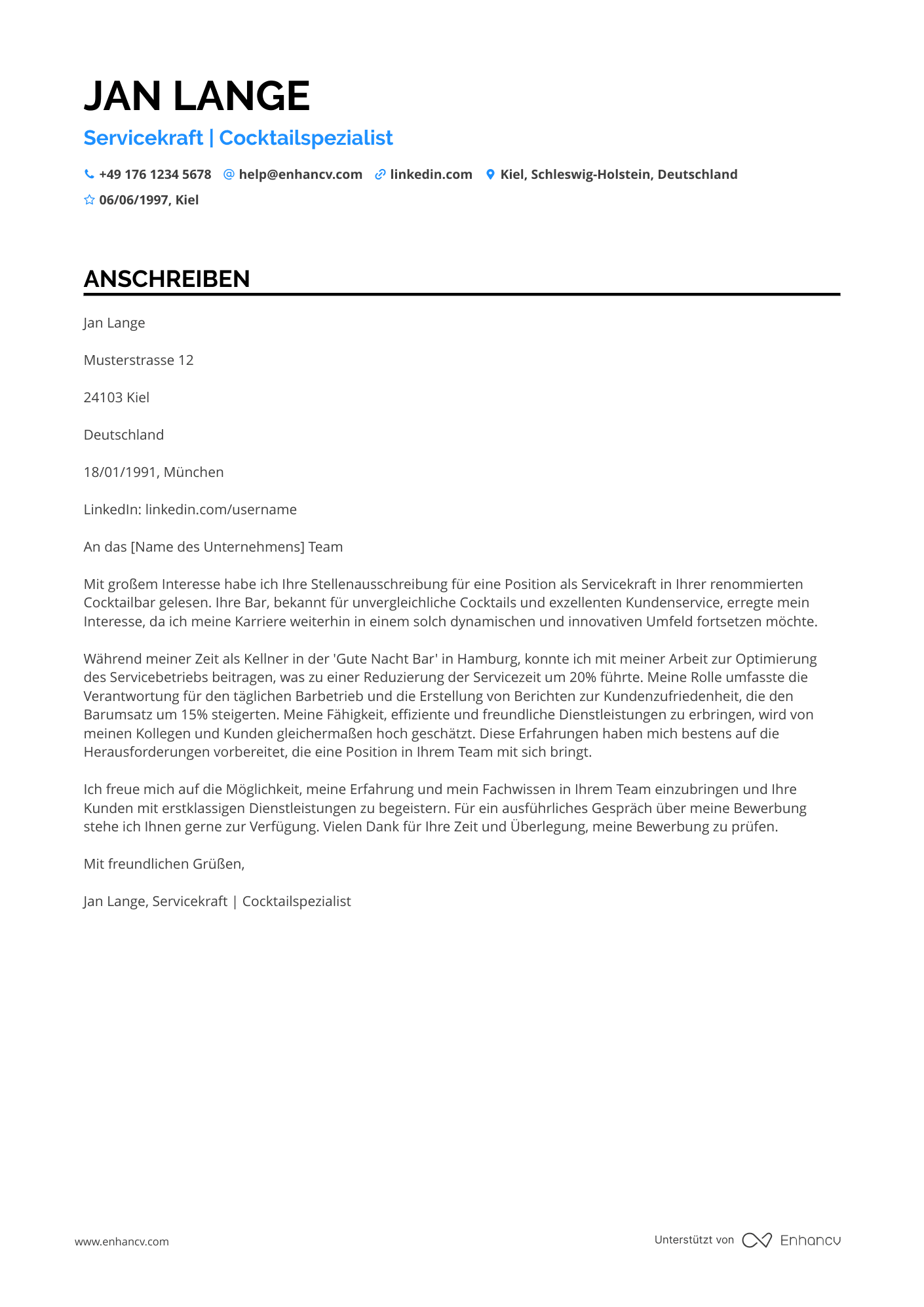 Kellner für Cocktailbar Resume Example