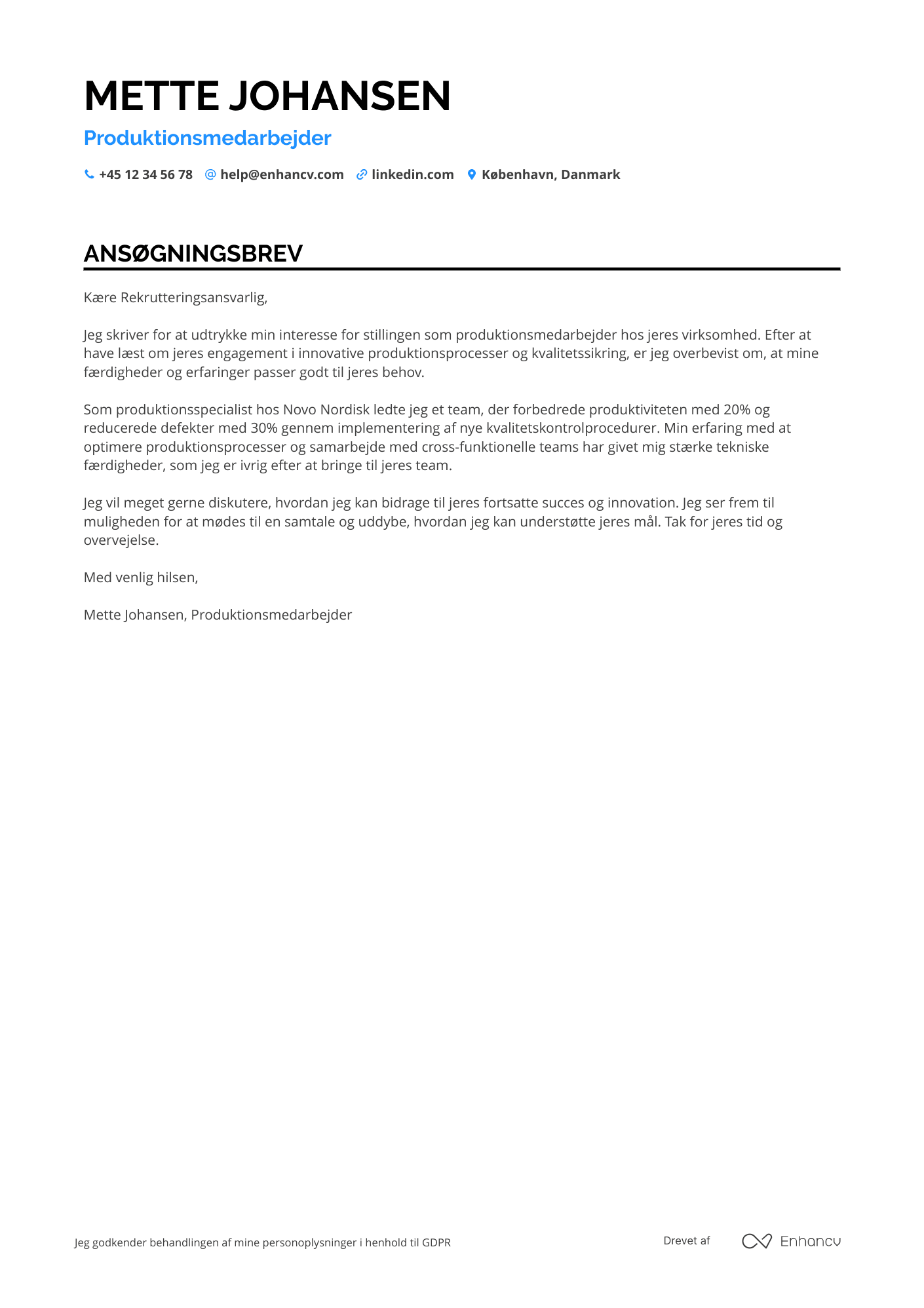 Ansøgningsbrev til Produktionsmedarbejder Resume Example