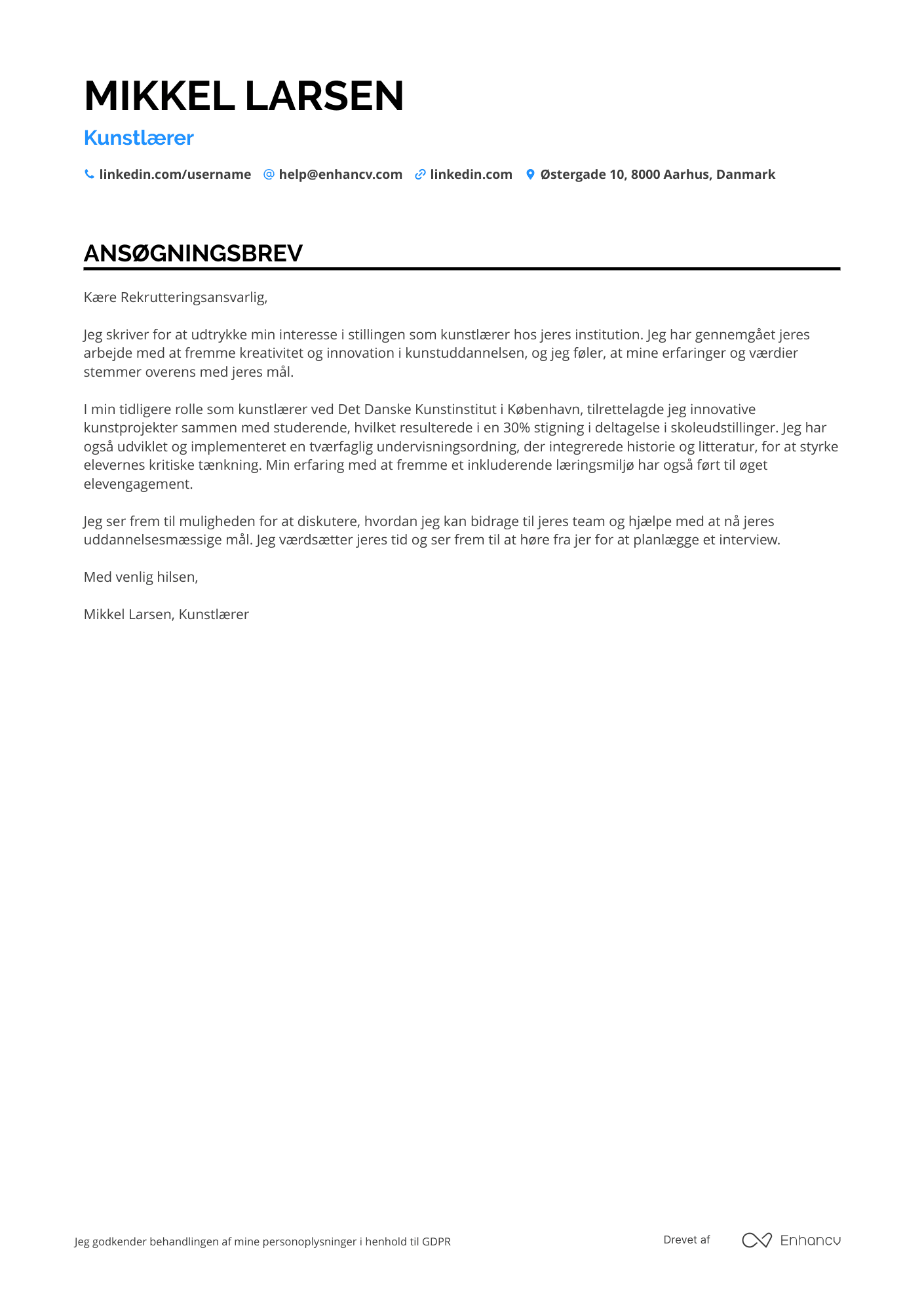 Ansøgningsbrev til Kunstlærer Resume Example