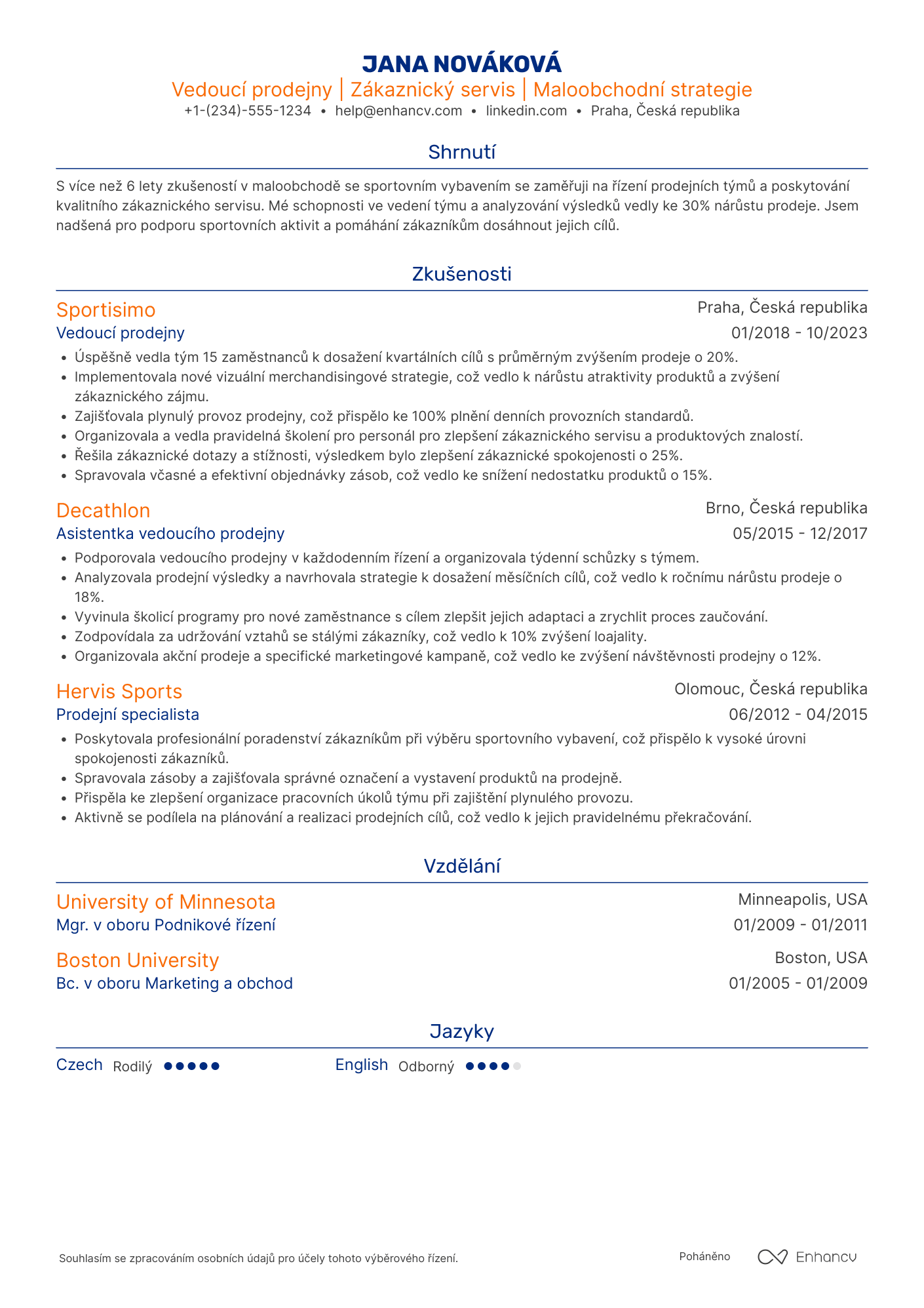 Životopis pro Vedoucí prodejny sportovního vybavení Resume Example