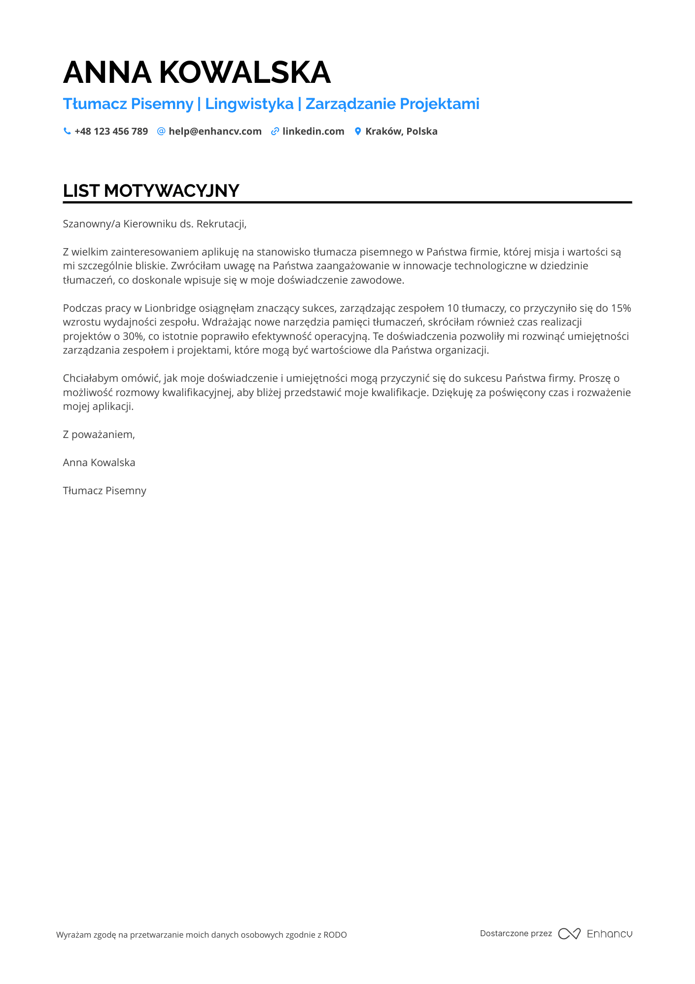 List motywacyjny dla Tłumacz Pisemny Resume Example