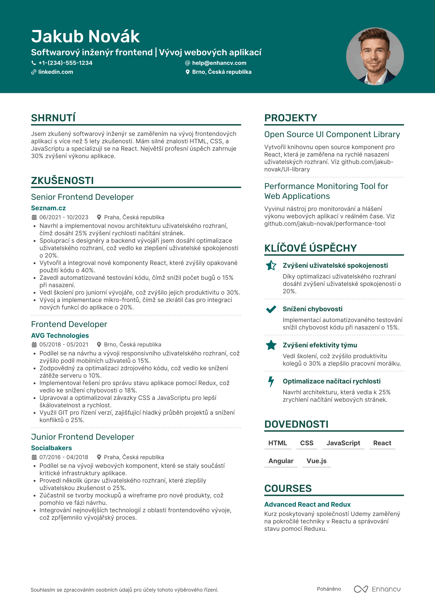 Životopis pro Softwarový inženýr frontend Resume Example