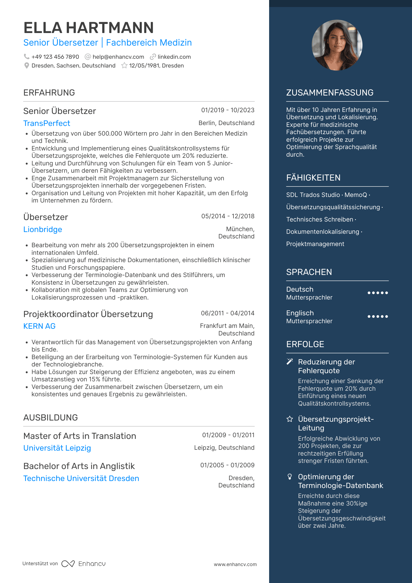 Lebenslauf als Senior Übersetzer Resume Example