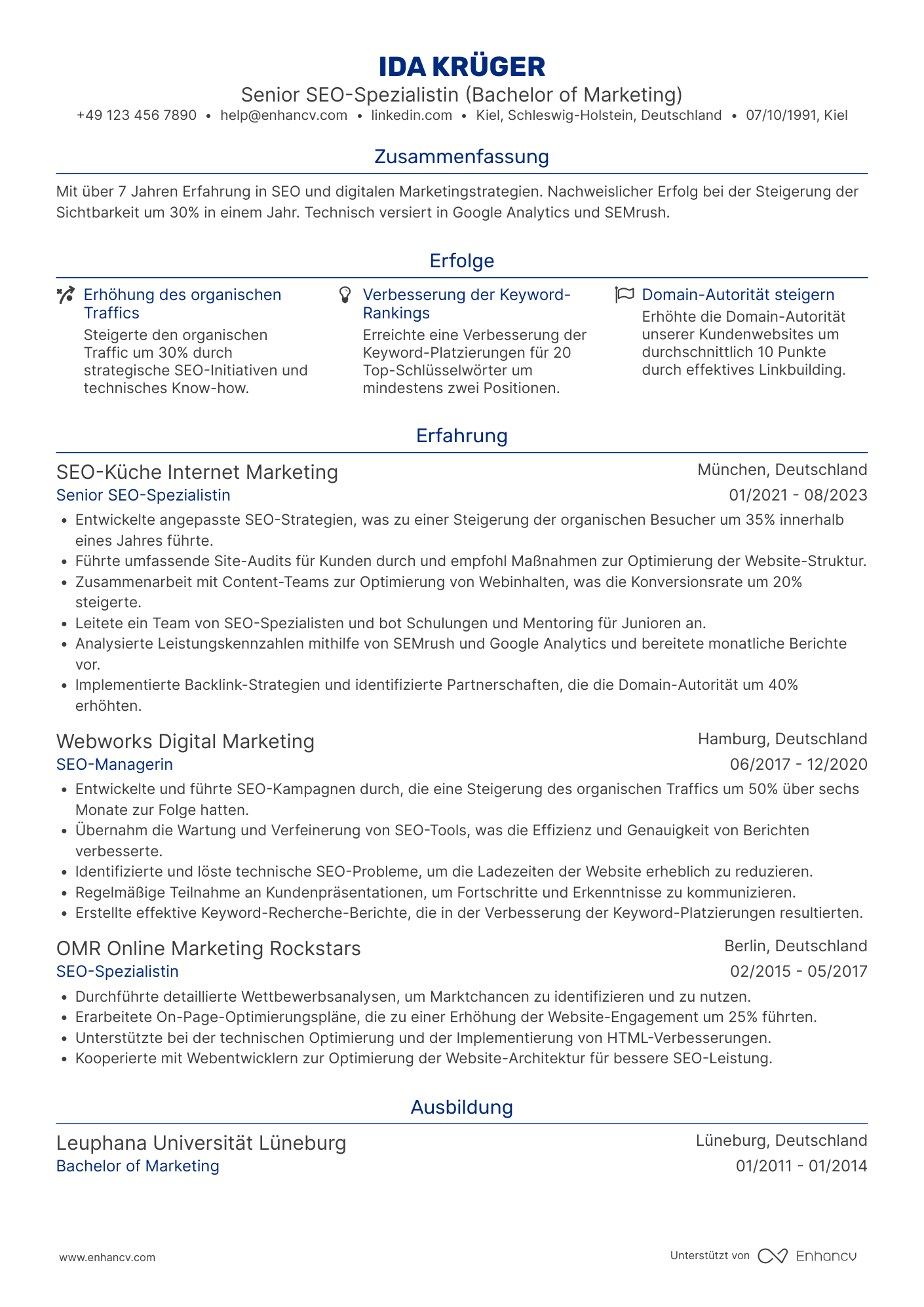 Lebenslauf als Senior SEO Spezialist Resume Example