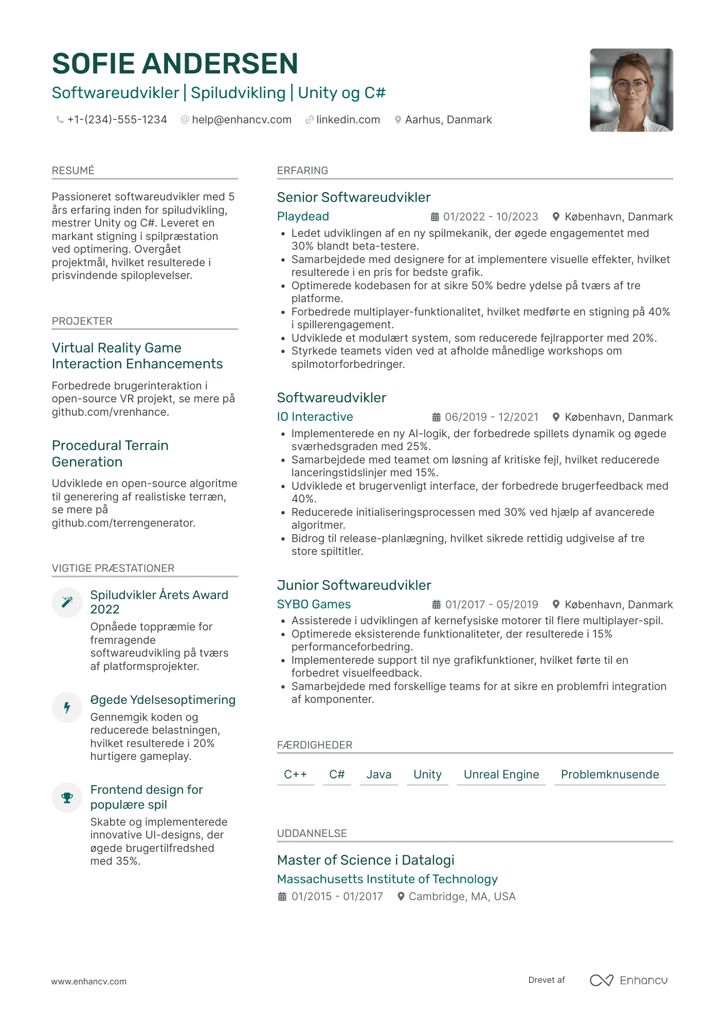 CV til Softwareudvikler i spiludvikling Resume Example