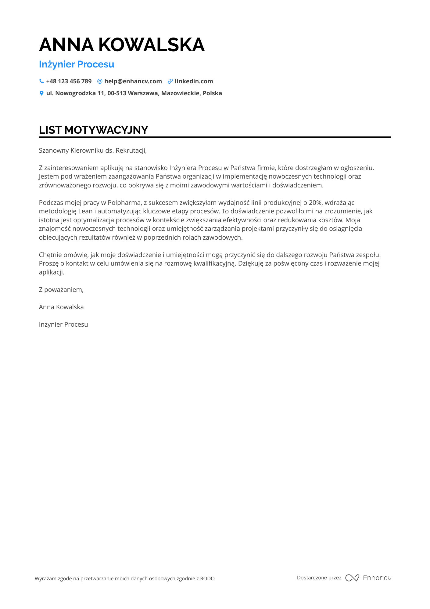 List motywacyjny dla Inżynier Procesu Resume Example